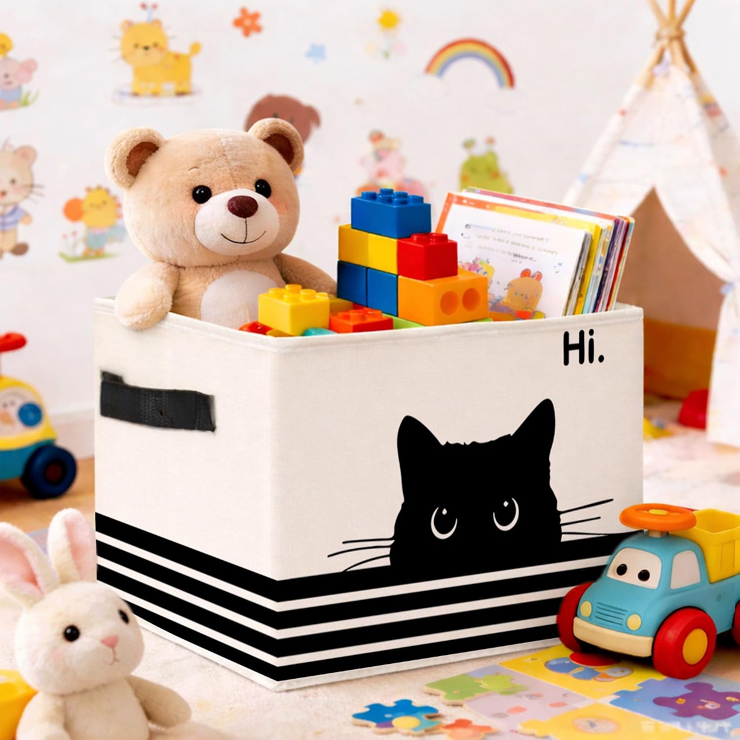 Black Cat Storage Bin, Foldable Fabric Basket Organizer with Handles image 2