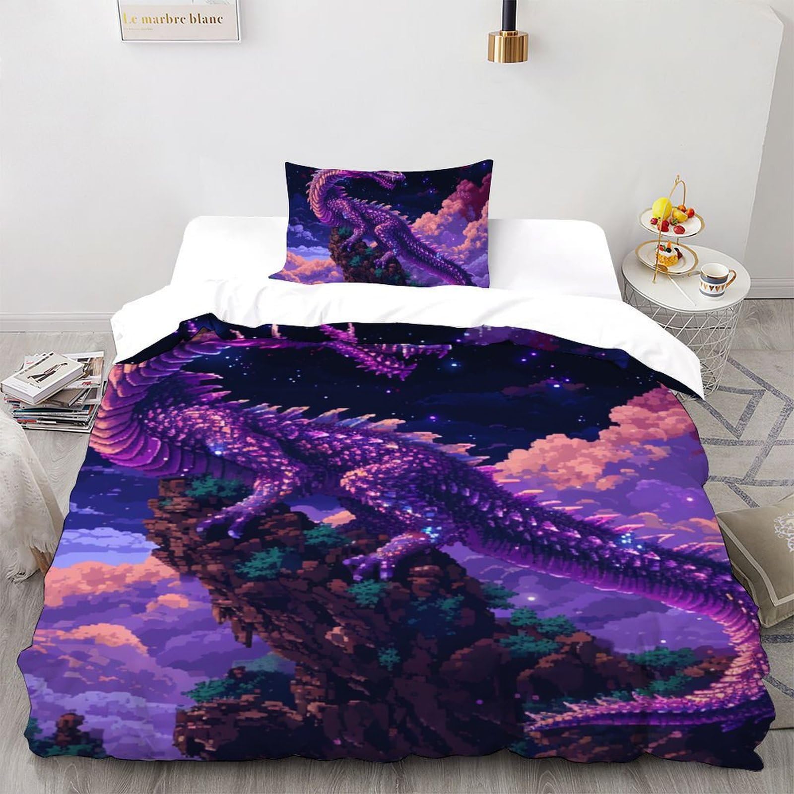 Housse de couette dragon violet facile à changer grâce à sa fermeture éclair pour enfant