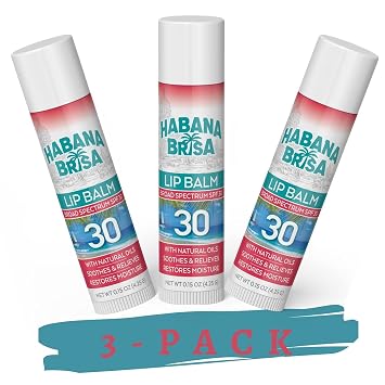 Habana Brisa Reef Friendly Natural Moisturizing Hydrating Lip Balm SPF 30, Hawaii 104 Reef Act Compliant, No Oxybenzone & No Octinoxate, Water Resistant, Multi-pack of 3 Lip Balms