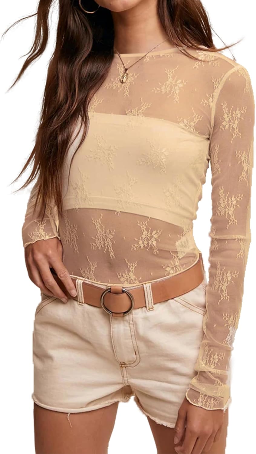 A AGROSTE Women's Mesh Long Sleeve Top Sexy See Through Lace Blouse with Floral Embroidery Y2K Sheer Crew Neck Shirt