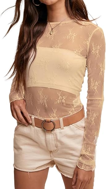 A AGROSTE Womens Mesh Long Sleeve Top Sexy See Through Lace Blouse with Floral Embroidery Y2K Sheer Crew Neck Shirt