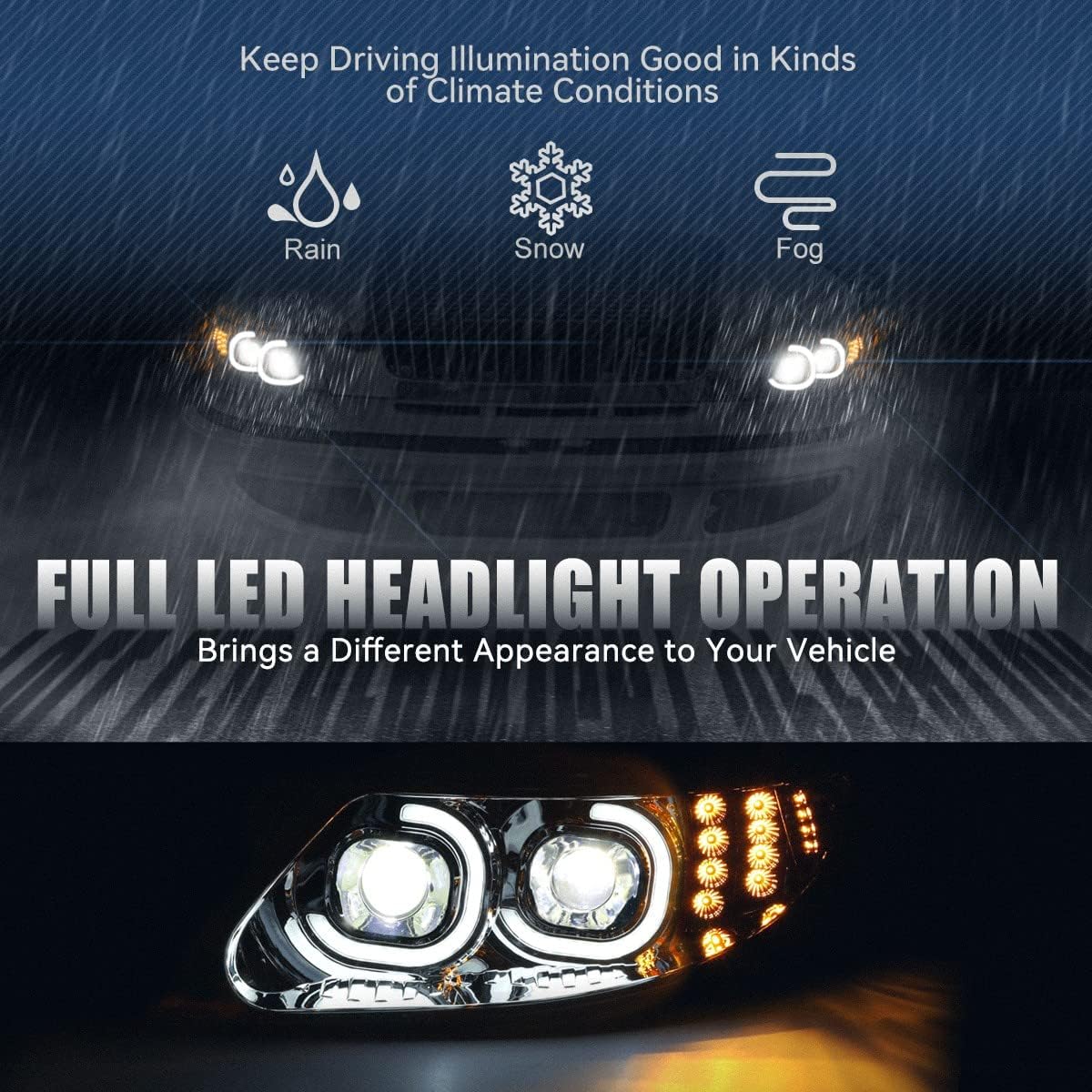 Auto Dynasty Full LED Halo DRL Projector Headlights Assembly Compatible with International DuraStar 4000 8000 Series 3300 02-16, Driver and Passenger Side, Chrome Housing