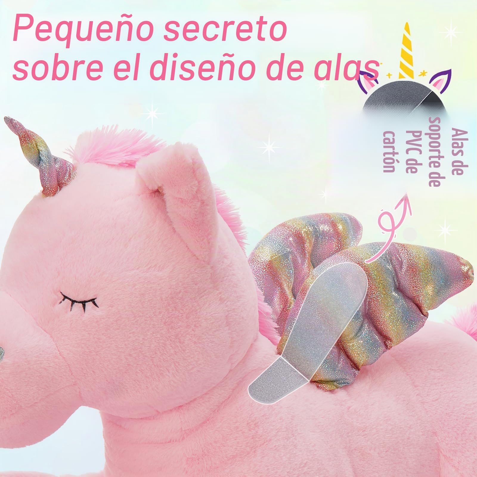 MorisMos XXL Unicornio Peluche Grande, 110cm Rosa Unicornio Gigante con Alado, Kawaii Suave Animal de Peluche Regalos para Niños Novia Cumpleaños Navidad