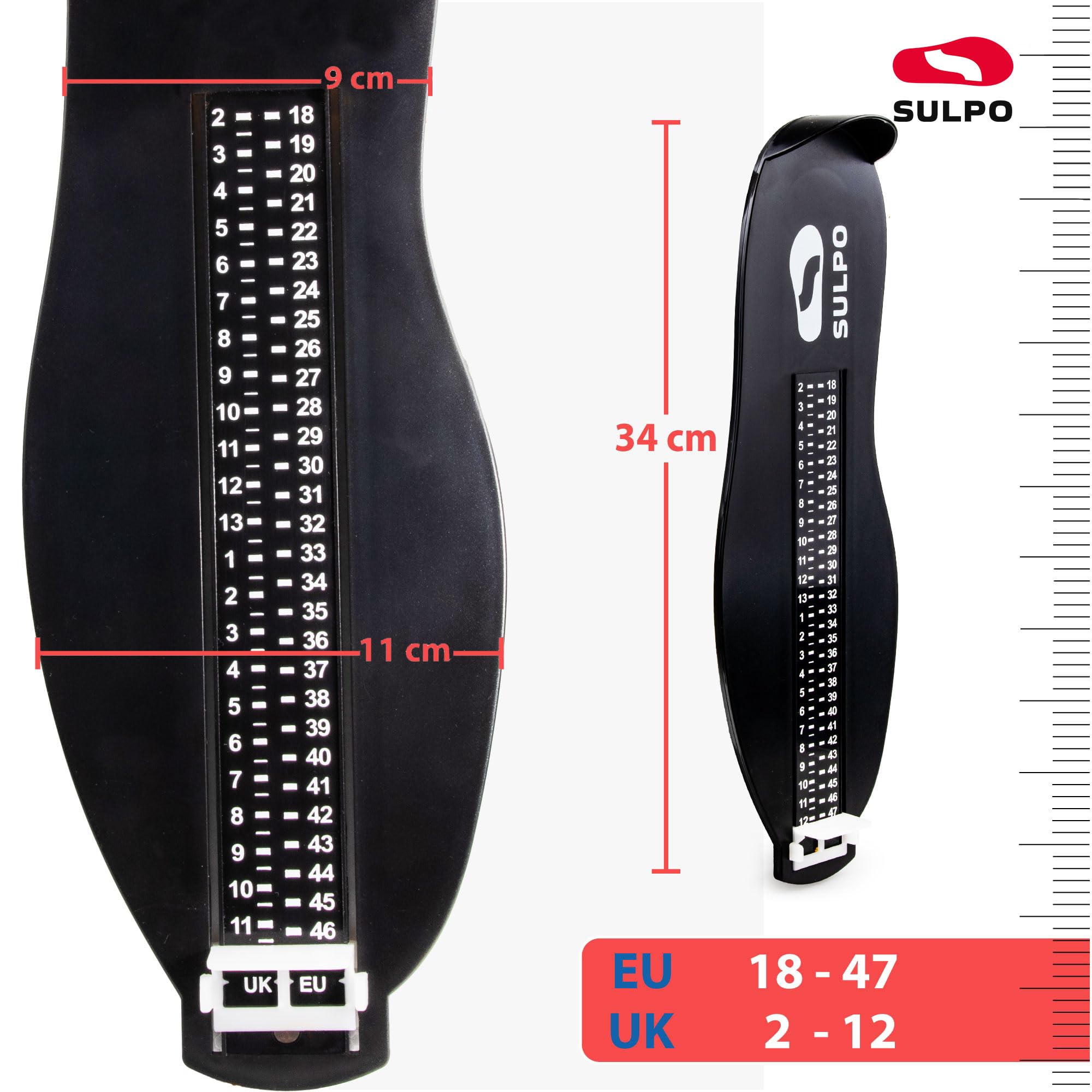 SULPO Pedimetre - Mesureur de chaussures pour enfants - de pieds pour enfants - Appareil de mesure des pieds pour enfants et adultes - Mètre ruban pour enfants - Taille EU 18-47 - Noir