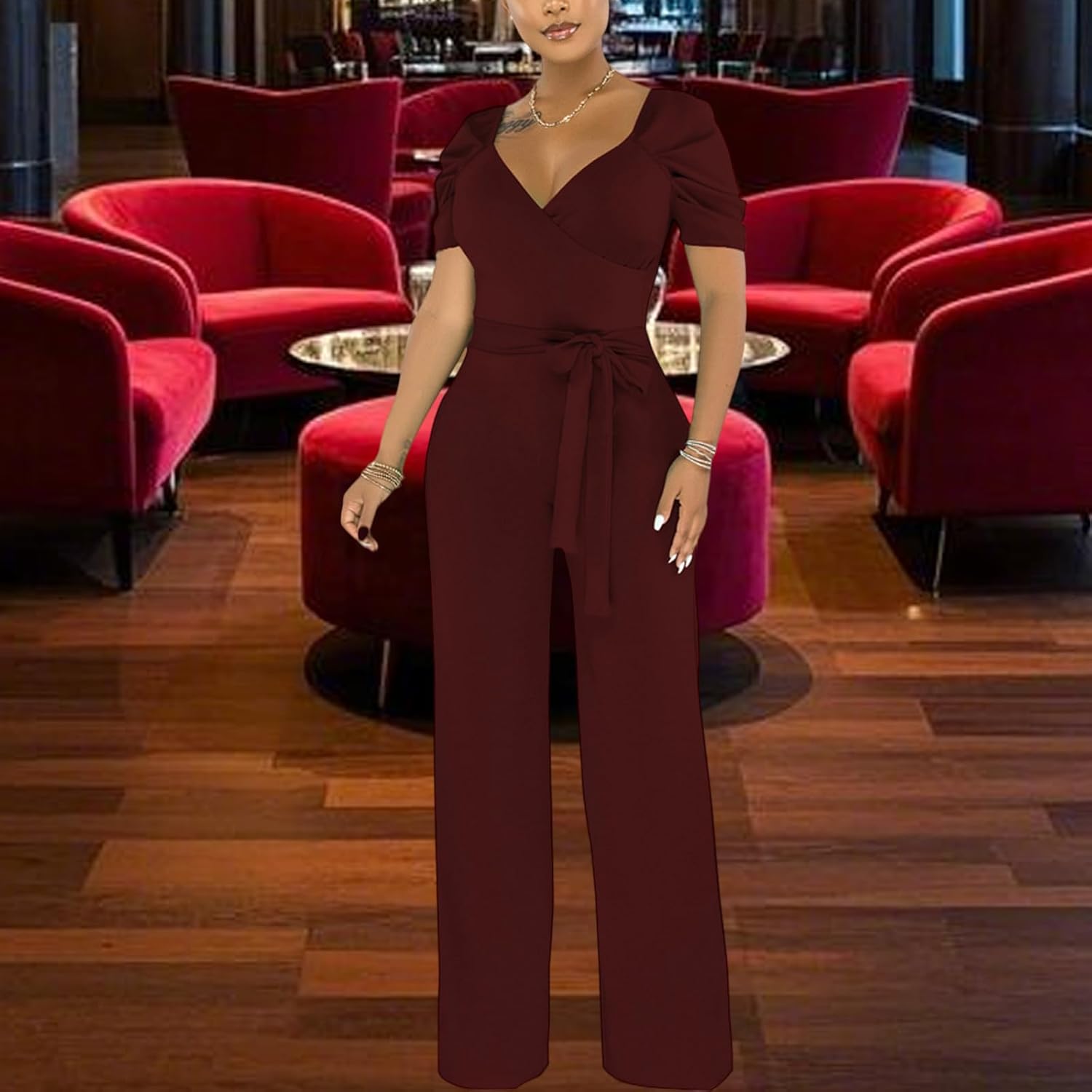 PaladMom Womens Elegant Plus Size Jumpsuits Sexy Back zipper Short Sleeve Mid Waist Wide Leg Straight Rompers - Image 4