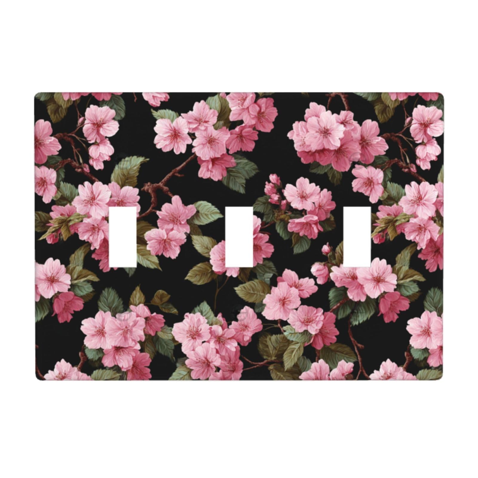 Pink Cherry On Black Light Switch Covers 3 Gang Triple Toggle Wall Plate Switchplate Electrical Faceplate for Bathroom Kitchen Bedroom Decor