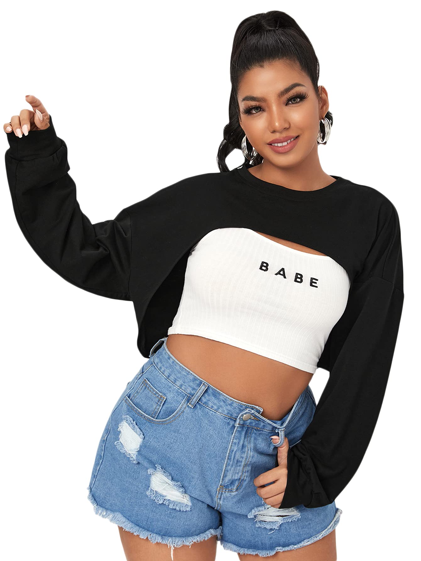 Shein Womens Plus Size Solid Super Crop Top Pullover Sweatshirt