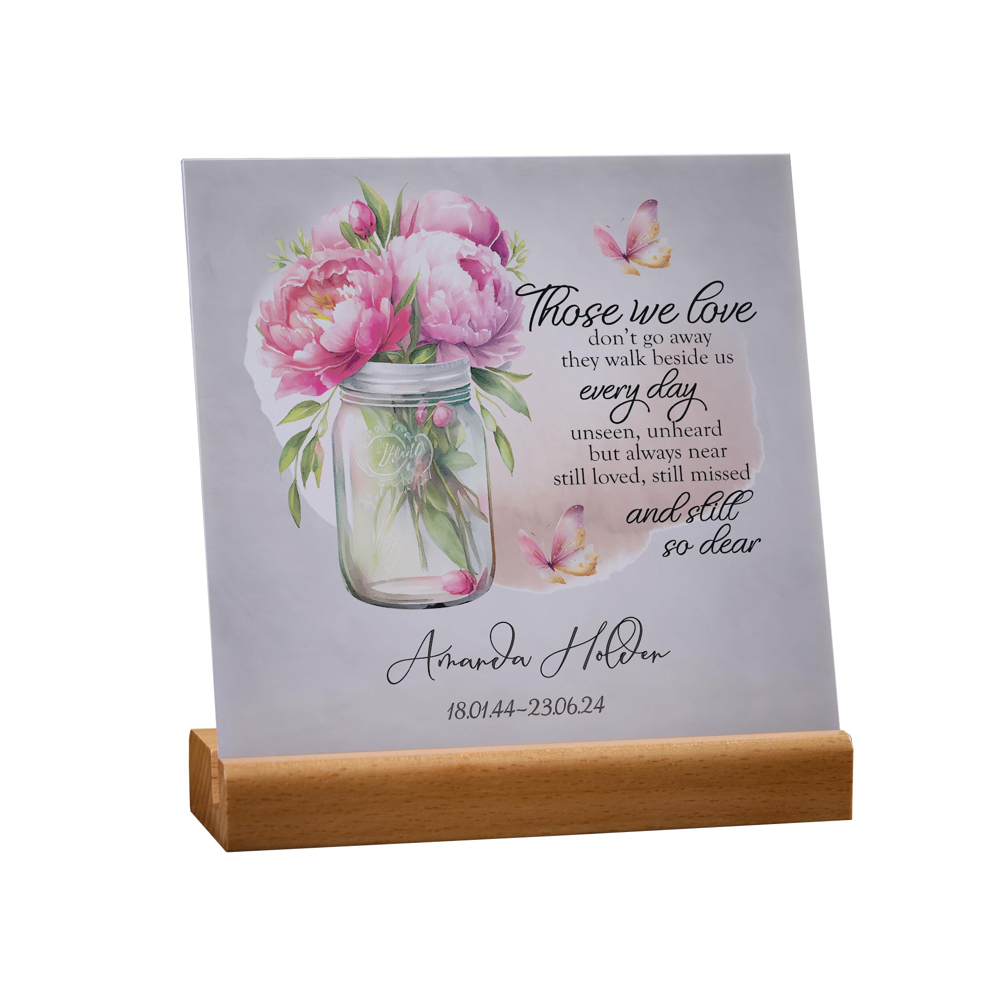 ukgiftstoreonline Personalised Sympathy Memorial Plaque, 15cm x 15cm, with Wooden Base (Those We Love With Vase)