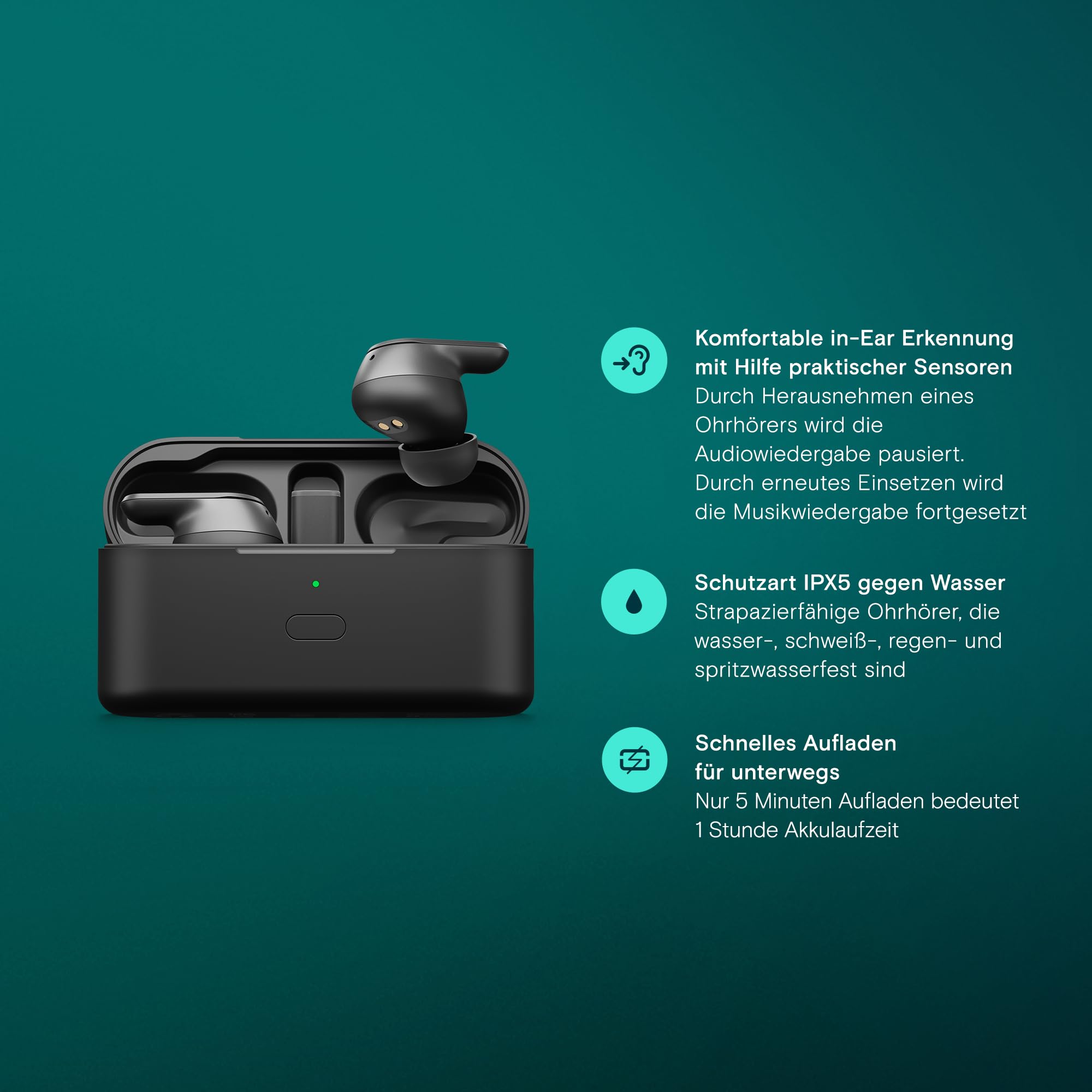 EPOS ADAPT E1 Schwarz Kabellose In-Ear-Kopfhörer – Hybrides ANC, Multi-Point Bluetooth, Microsoft Teams & Für iPhone Zertifiziert, 50H Akku, Kabelloses Laden, Halboffenes, USB C Dongle IPX5 Wasserfest