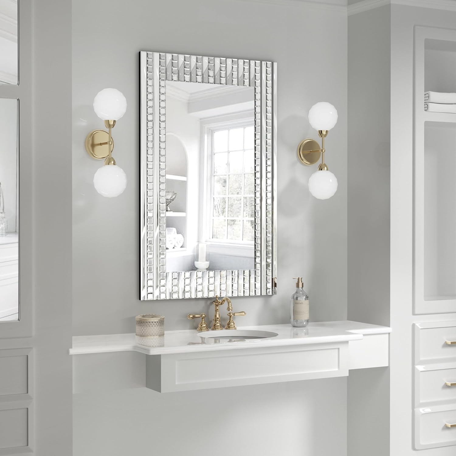 Rectangular Crystal Wall Mirror 36×23 Inch Elegant Diamond Accent Wall Mirror for Decoration Cute Hanging Mirror for Vanity Bathroom Living Room Entryway