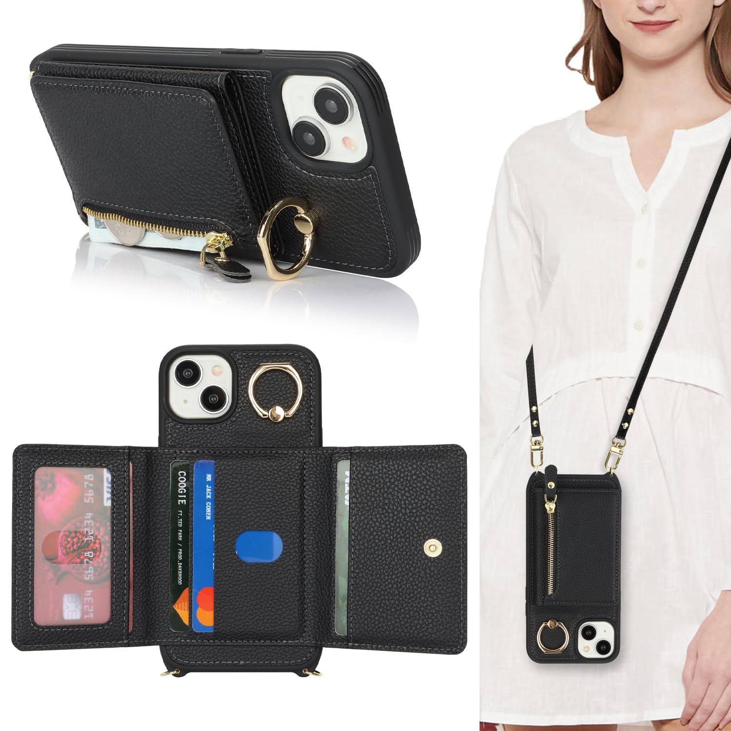 SunYoo for iPhone 15 Plus Case with Card Holder,for iPhone 14 Plus Wallet Case for Women with Strap Crossbody Lanyard Stand Ring,PU Leather Zipper