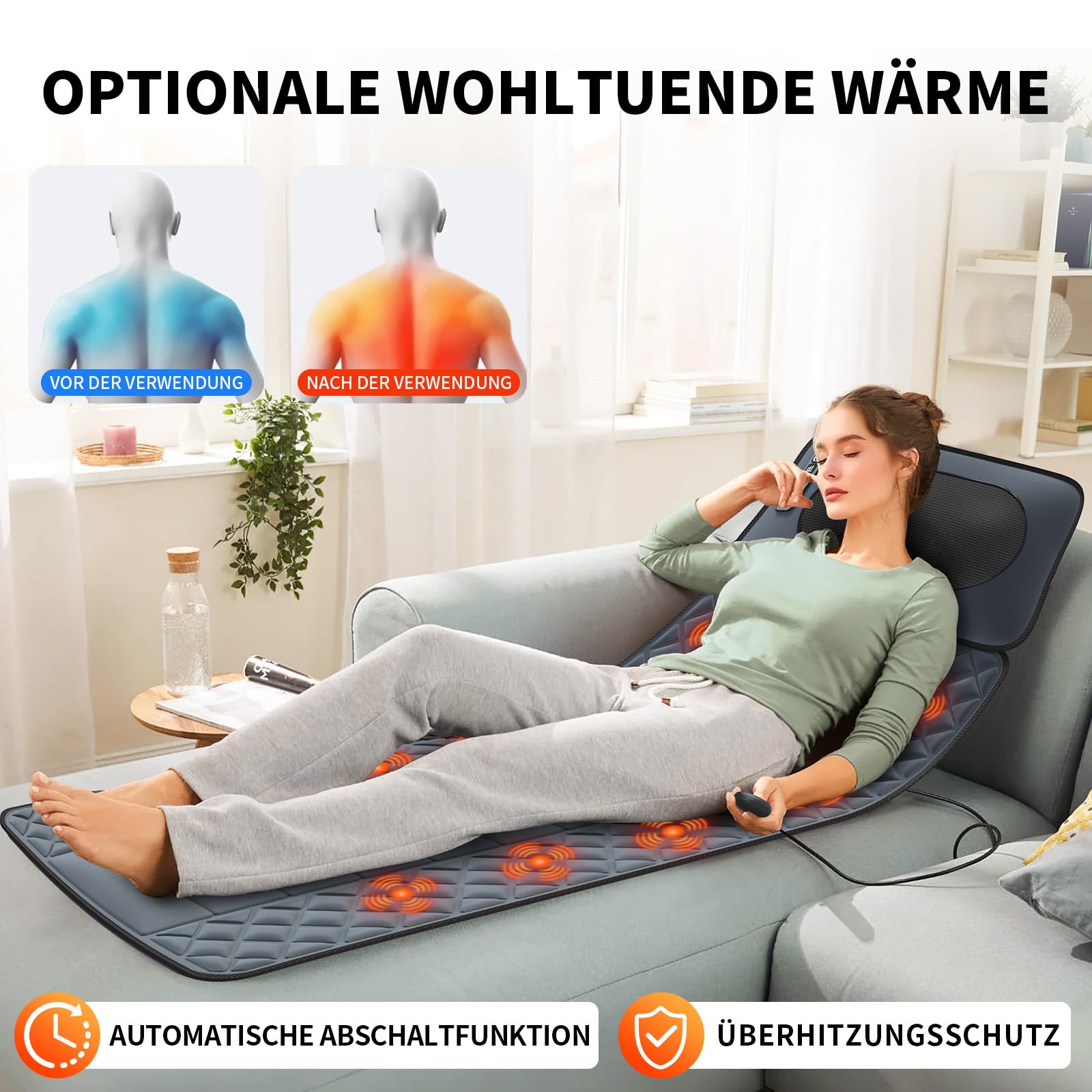 Massagematte mit Wärmefunktion, Shiatsu Massagematte Ganzkörpermassage, Massagesitzauflage mit 30 Massageköpfe 9 Vibrationsmotoren, Nacken und Schulter-Rückenmassagegerät Geschenke für Männer Frauen