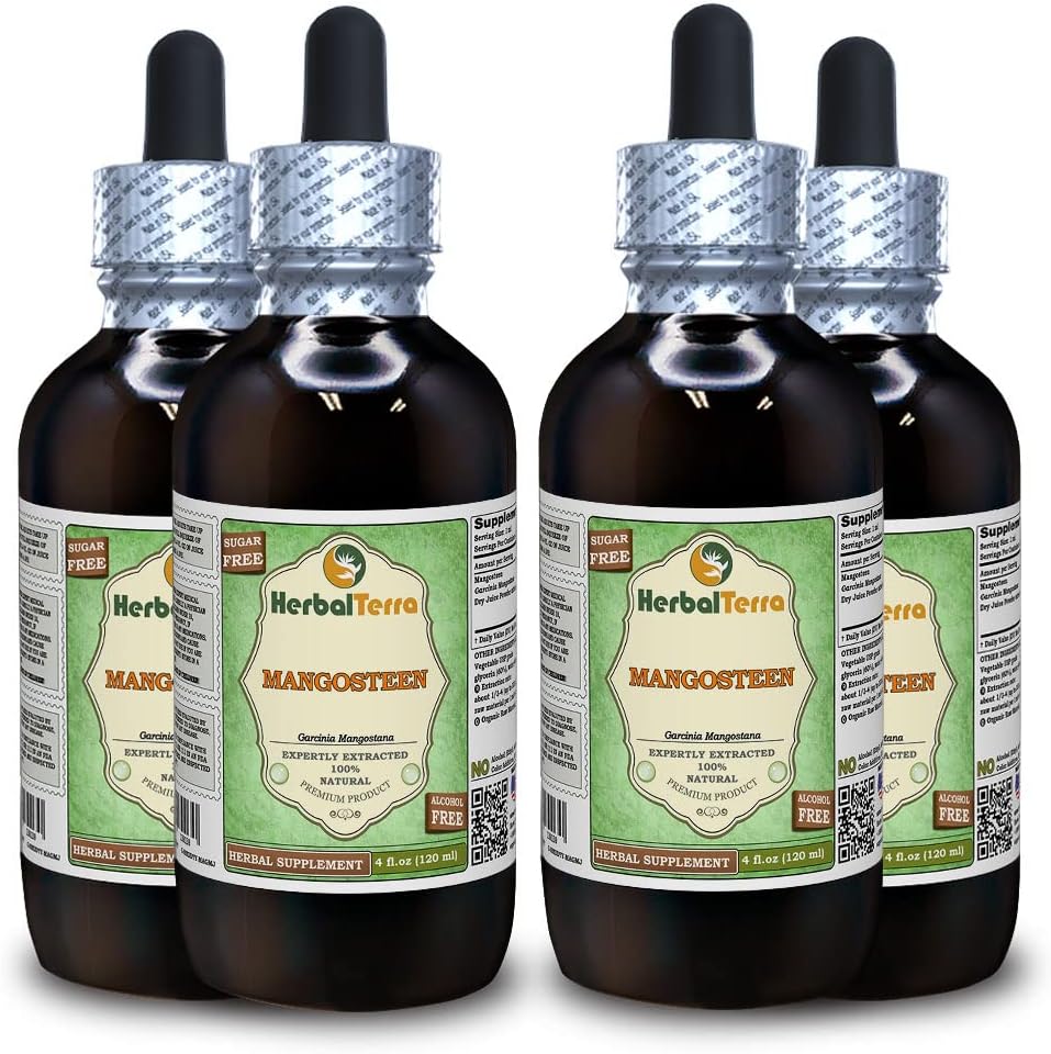 Mangosteen, (Garcinia Mangostana) Dried Juice Powder Alcohol-Free Liquid Extract (Brand Name: HerbalTerra, Proudly Made in USA) 4x4 oz