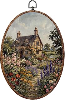 Rustic Countryside Floral Oval Framed Wall Art, Vintage Cottage Garden Blooming Flowers Painting Print Canvas Art Wall Decor, Farmhouse Hanging Decor Artwork for Home Bedroom Living Room 8.3X12
