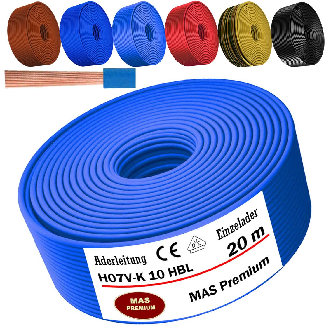 MAS Premium Przewód żyłowy od 5 do 100 m H07 V-K 10 mm², czarny, brązowy, ciemnoniebieski, zielono-żółty, jasnoniebieski lub czerwony, elastyczny (jasnoniebieski, 20 m)