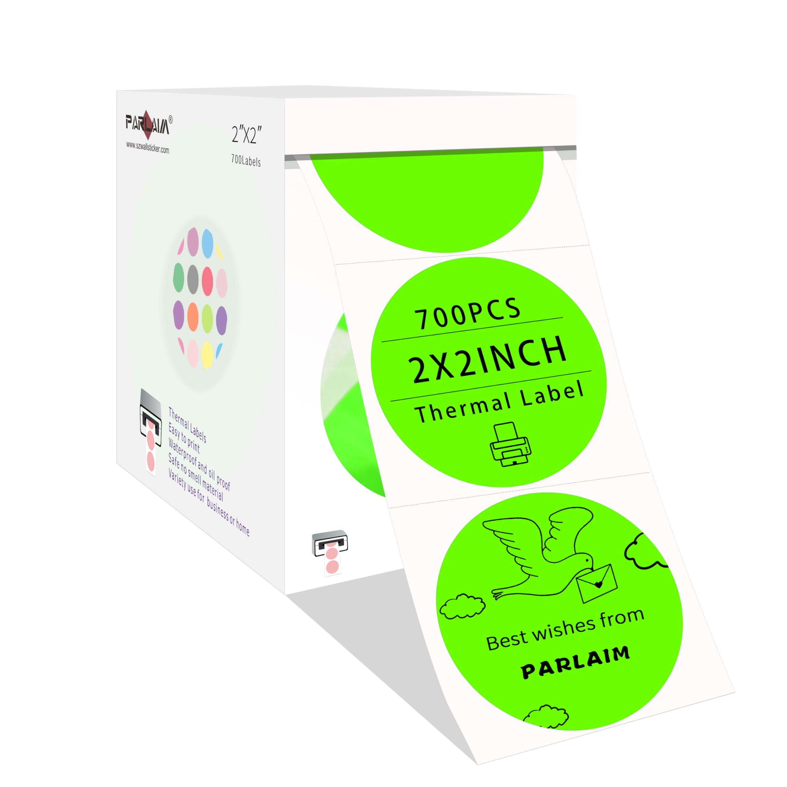 PARLAIM 2" Thermal Sticker Labels,Adhesive Roll of 700 Stickers Labels for Barcode, Address, with Perforation,Package Decoration, Support Most Thermal Printers (Fluorescent Green)