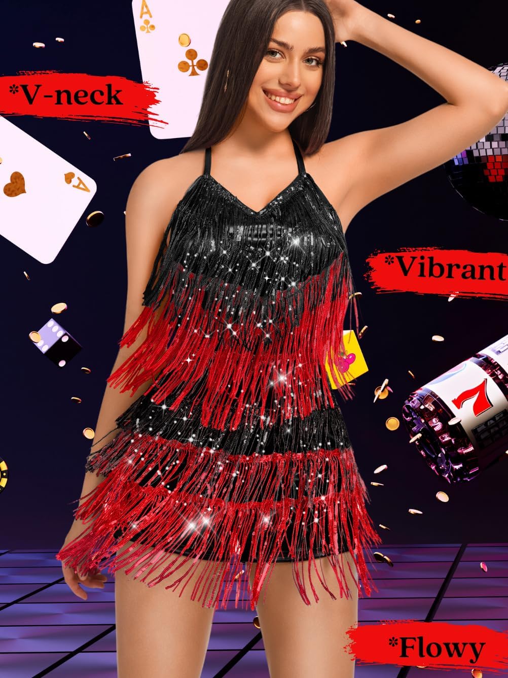 Kaei&Shi Sequin Fringe Romper,Sparkly Glitter Metallic Jumpsuits For Women,Backless Shorts Dress Disco Birthday Dance Outfit - Image 4