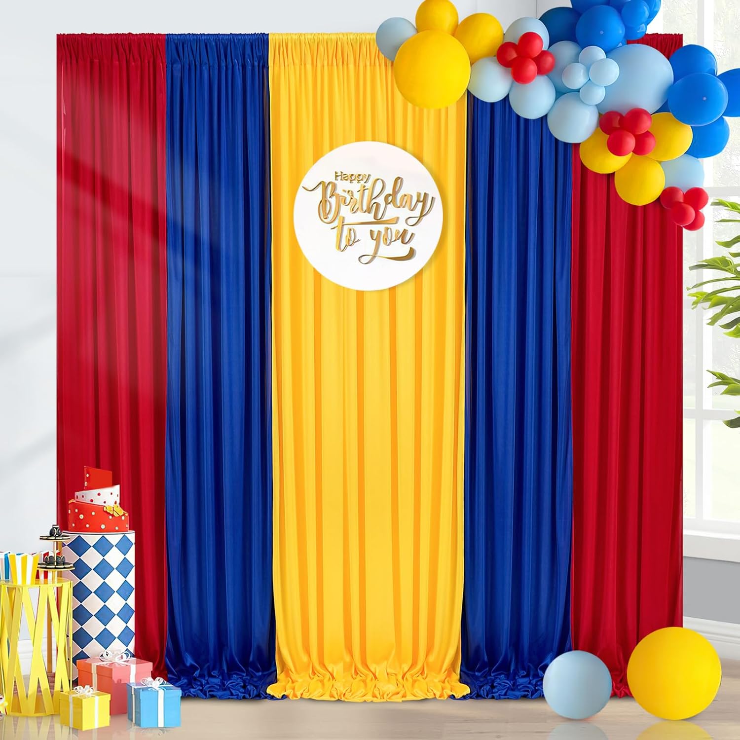 Red Yellow Royal Blue Backdrop Curtains: 15ftx10ft Wrinkle Free Backdrop Drapes - Theme Party Background for Birthday Baby Shower (6 Panels 2.5ft x 10ft)