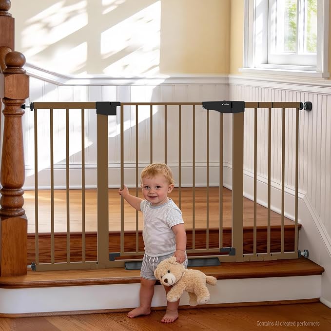 Cumbor 30-54" Extra Wide Baby Gate, Dual Lock & Auto Close Dog Gate Brown