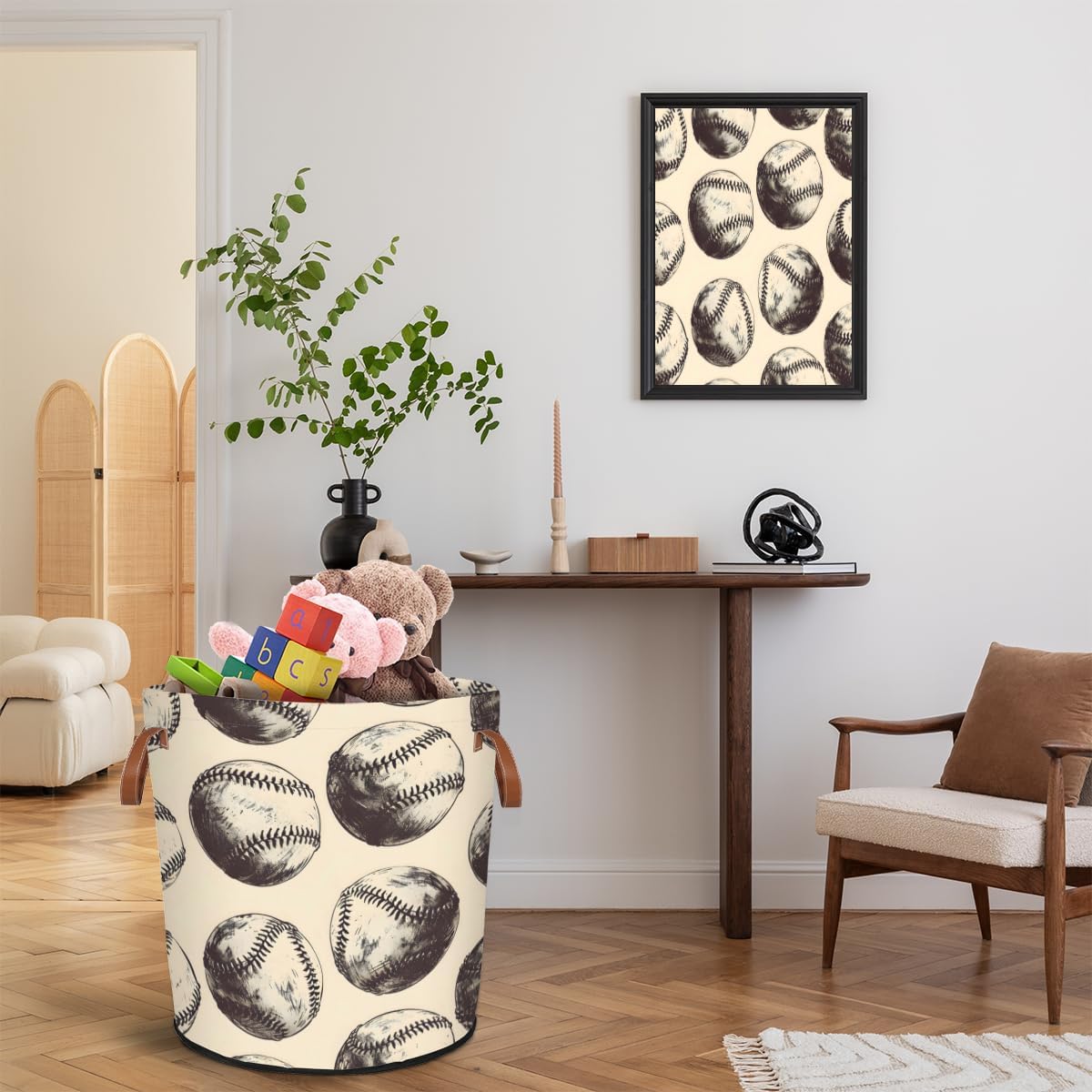 Vintage BaseBall Laundry Basket Collapsible Laundry Hamper with Handles Ball Sport Clothes Storage Bin for Bathroom, Bedroom, Living Room