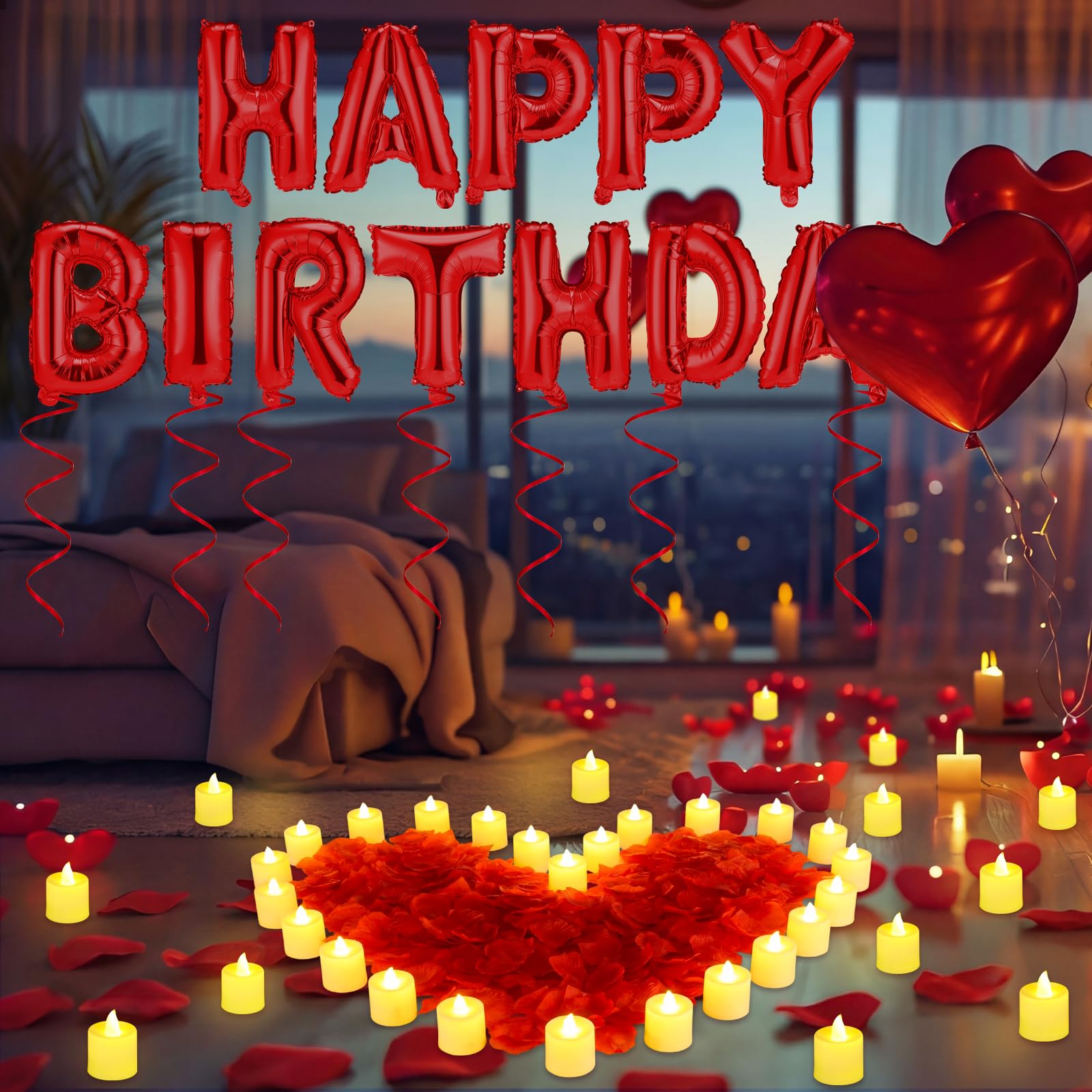Czerwone balony Happy Birthday, zestaw banerów, 40 cm, foliowe litery z 24 diodami LED i 2000 szt. czerwonych płatków róży, dla dzieci, dorosłych, dekoracje urodzinowe, artykuły imprezowe