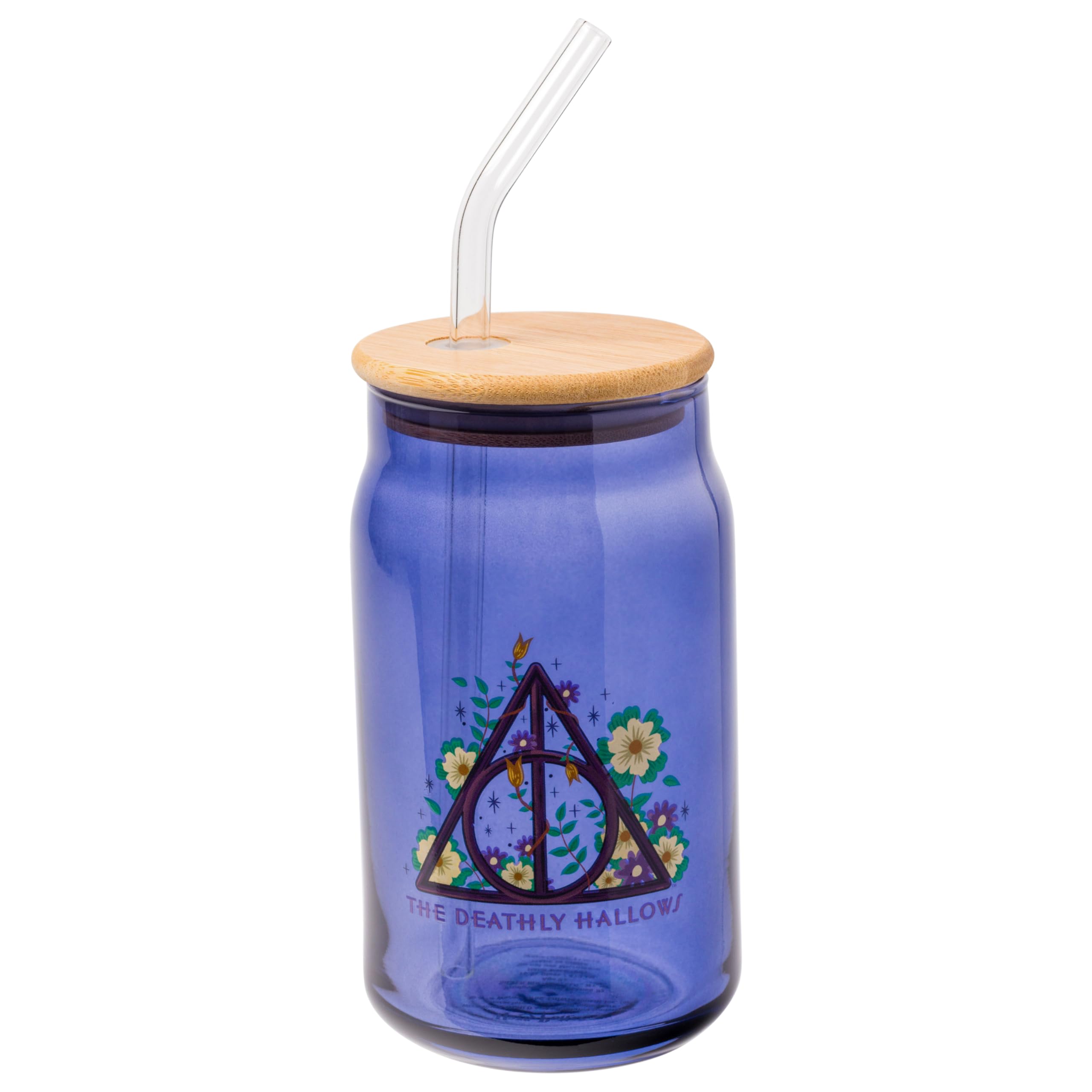 Silver Buffalo Harry Potter: The Deathly Hallows Harry Potter The Deathly Hallows Glass Tumbler With Bamboo Lid And Glass Straw, 16 Ounces