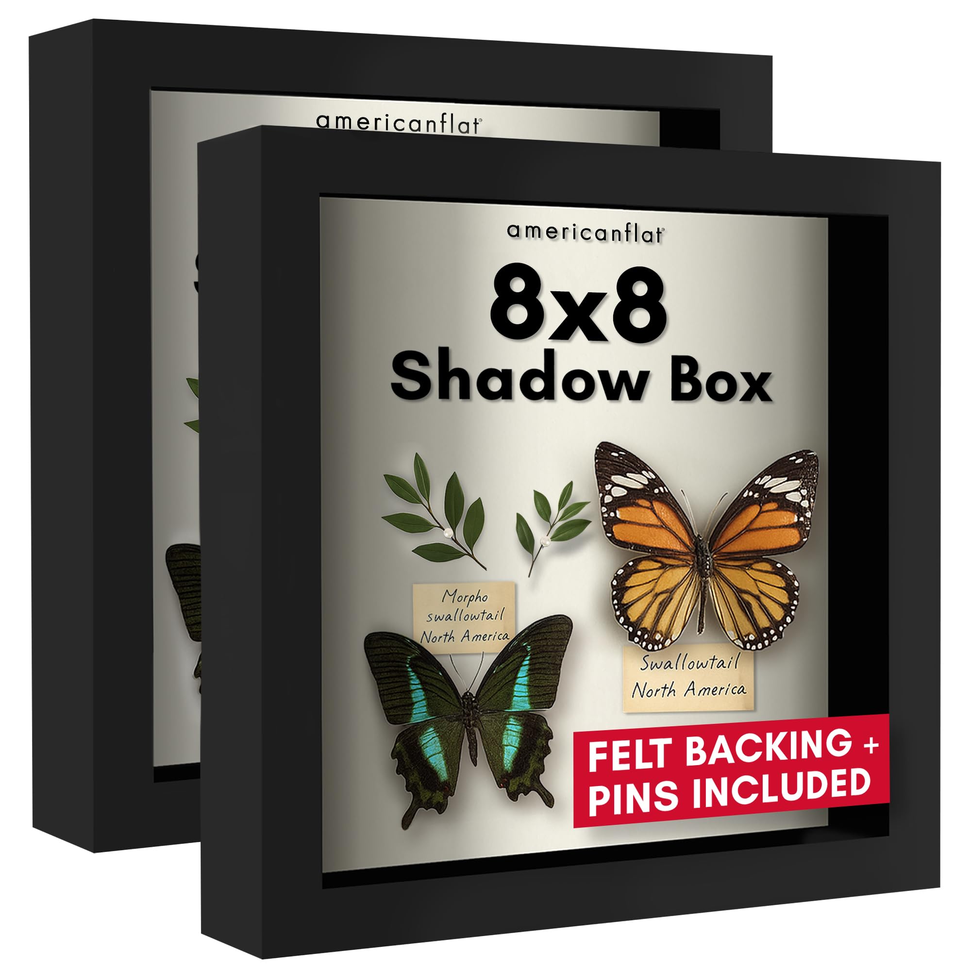Americanflat 8x8 Shadow Box Frame in Black with Soft Linen Back - Engineered Wood with Shatter Resistant Glass for Wall and Tabletop - Set of 2