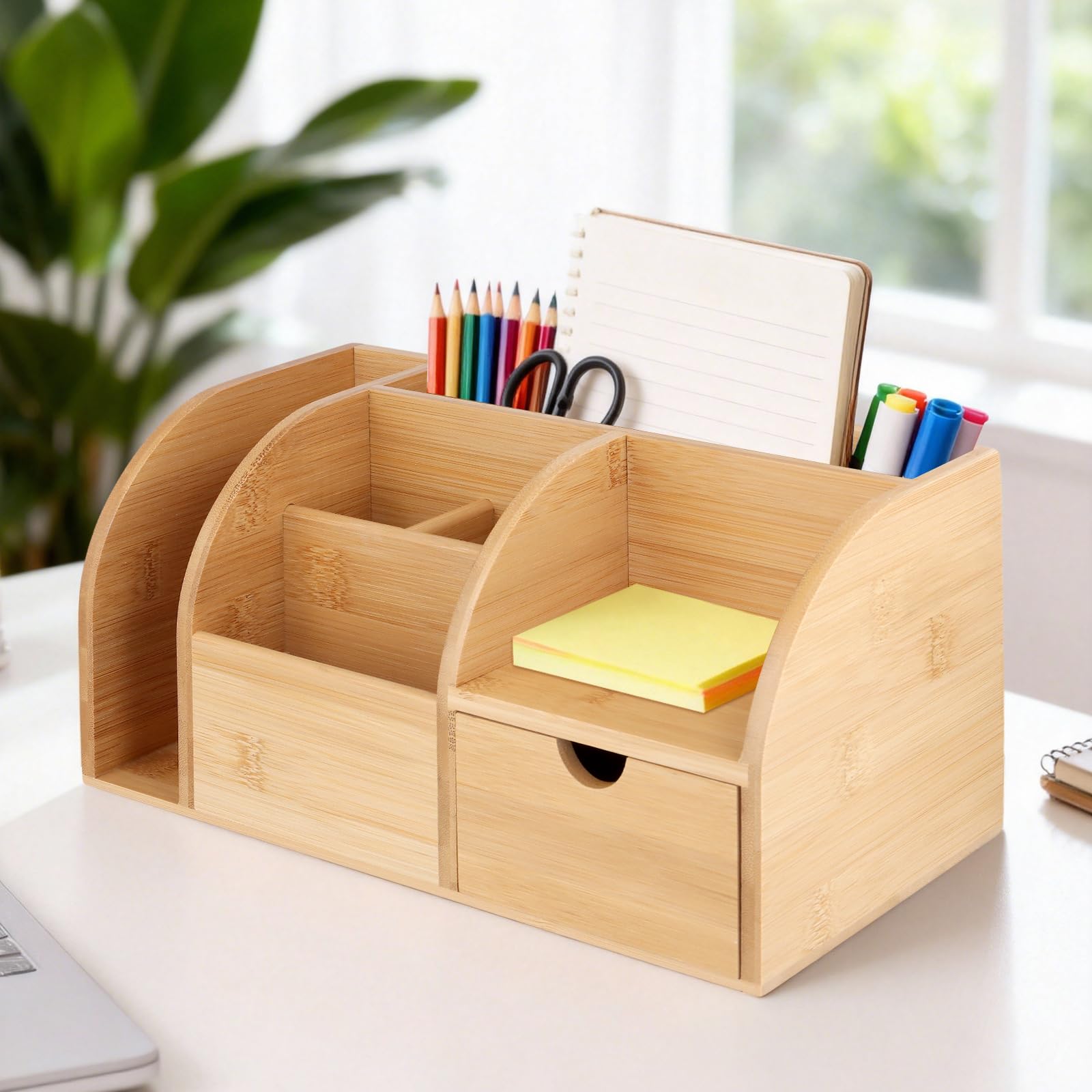 Pot à Crayon en Bois Naturel 26 x 15 x 14 cm Porte-Stylo Bureau Organisateur Rangement pour Stylos Pinceaux Maquillage Maison École