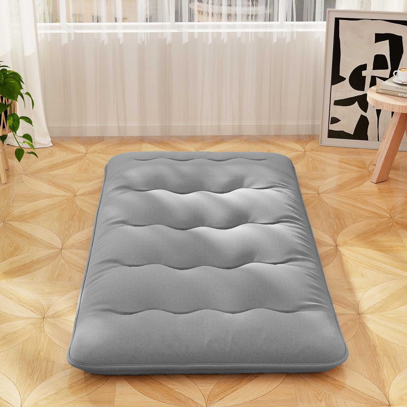 COSTWAY Japanische Futon Matratze, Tatami-Matte, Bodenmatratze, Klappmatratze mit waschbarem Bezug, Faltbare Schlafmatte mit Tragetasche, Beige, 90 x 200 cm (90 x 200 cm,Grau)