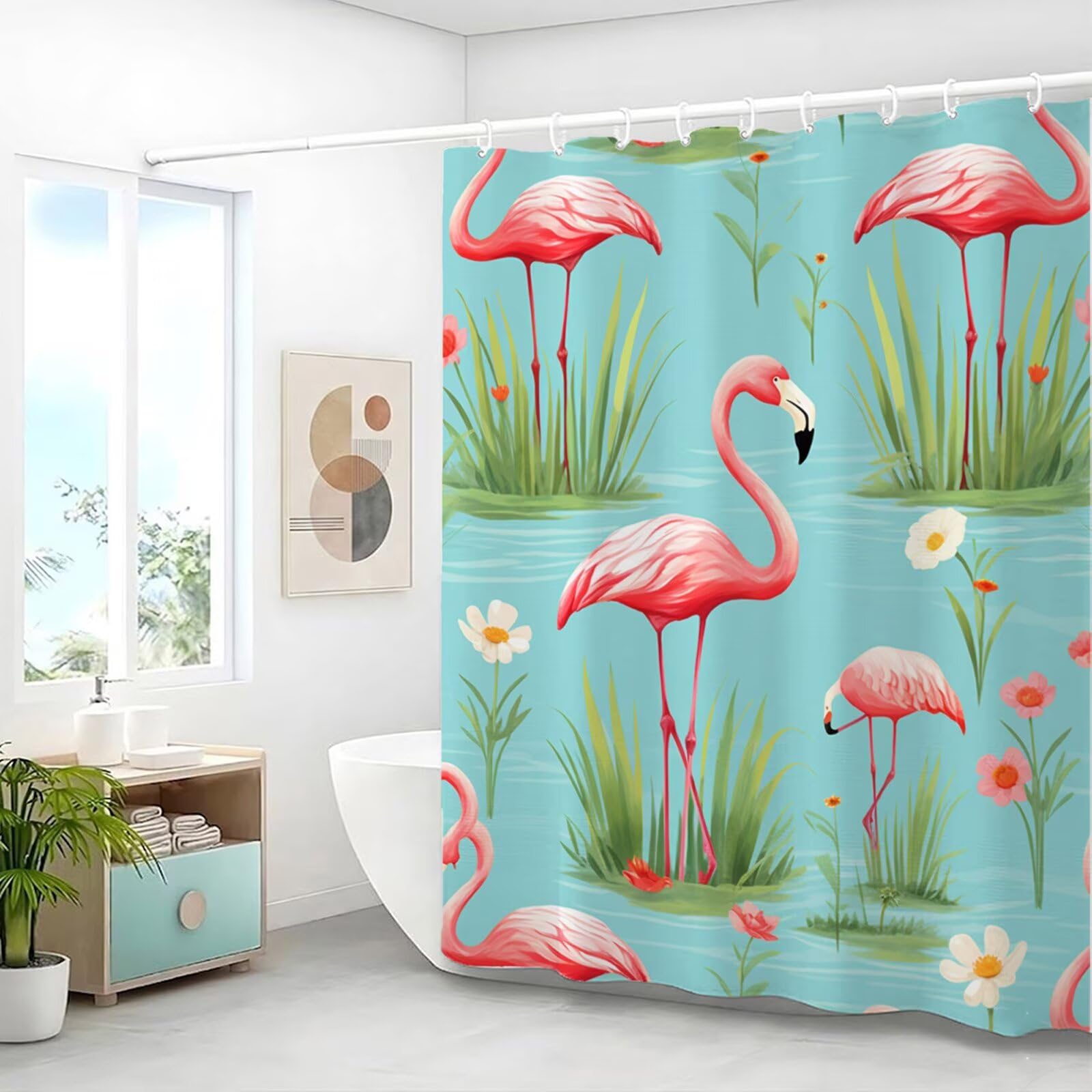 Duschvorhang 240x200 cm Anti Schimmel - Blau Design - Wasserdicht & Waschbar Schnelltrocknender Polyester Stoff - Inkl. 12 Ringe und Gewicht Shower Curtain für Badezimmer Badewanne, Flamingos J8-548