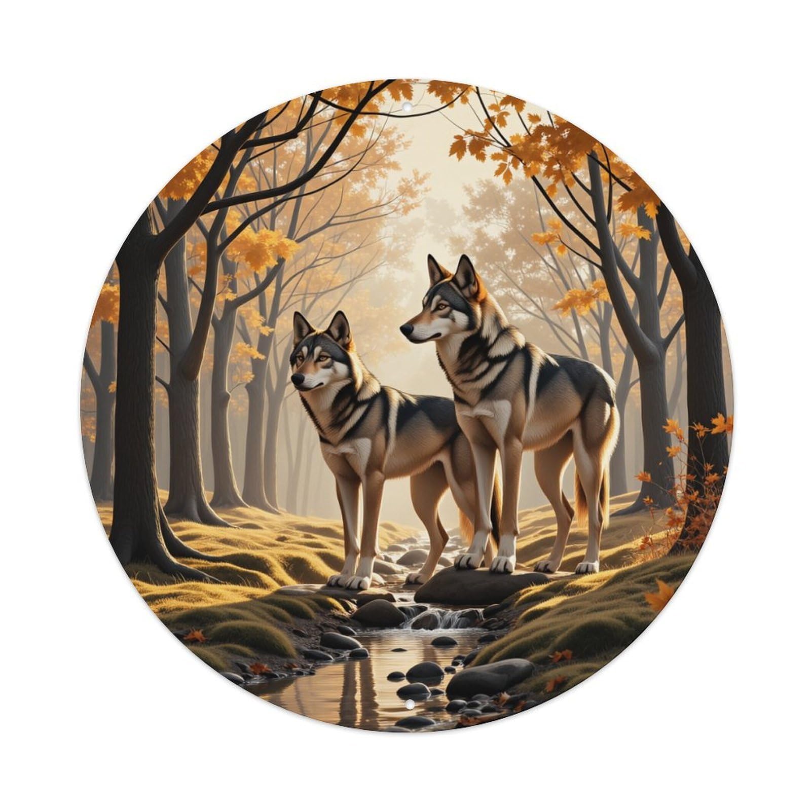 Wolf Forest Autumn Stream Trees Round Tin Sign Retro Metal Sign for Cafe Bar Pub Home Game Room Gym Club Wall Decoration Vintage Metal Poster 8x8 Inch
