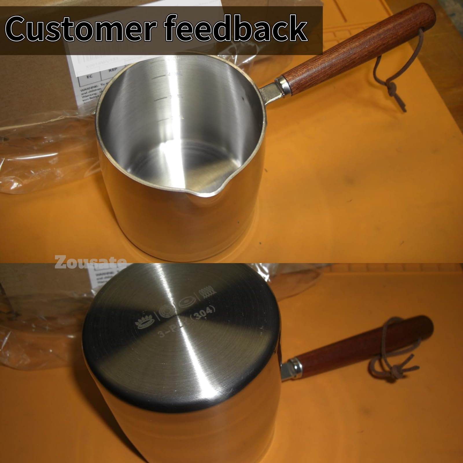 Tissting Pentola Scalda Burro, Piccola Pentola in Acciaio Inox con Manico Legno per Latte Bollente 450ml, per Salsa Cioccolato su Induzione Gas Elettrico