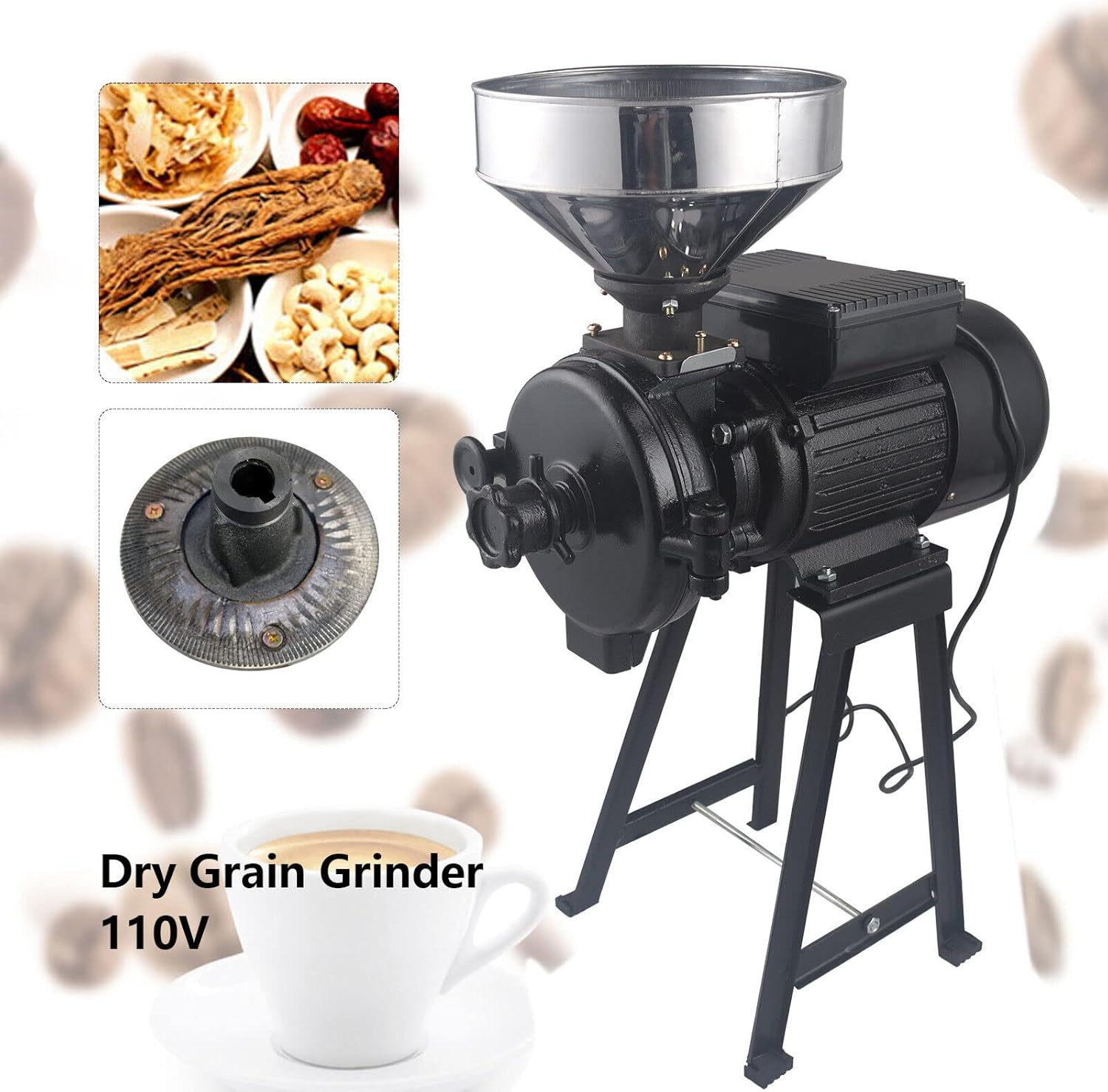 Electric Mill Grinder 110V 3000W, Commercial Electric Feed Mill Dry Grinder, Heavy Duty Milling Machine Cereals Grinder Rice Corn Grain Coffee Wheat with Funnel Black