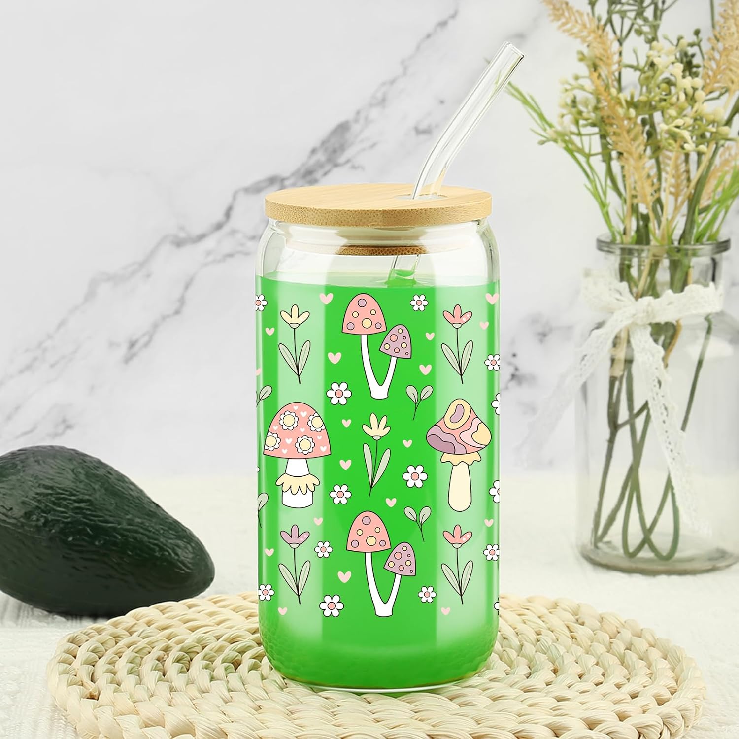 Mushroom Glass Cup with Bamboo Lids Straws, Christmas Gifts, 16oz Retro Hippie Tumbler, Fungi Themed Tumbler Stuff, Iced Coffee Cup, Mushroom Gift for Women, Birthday Gifts for Sister, BFF - Image 7