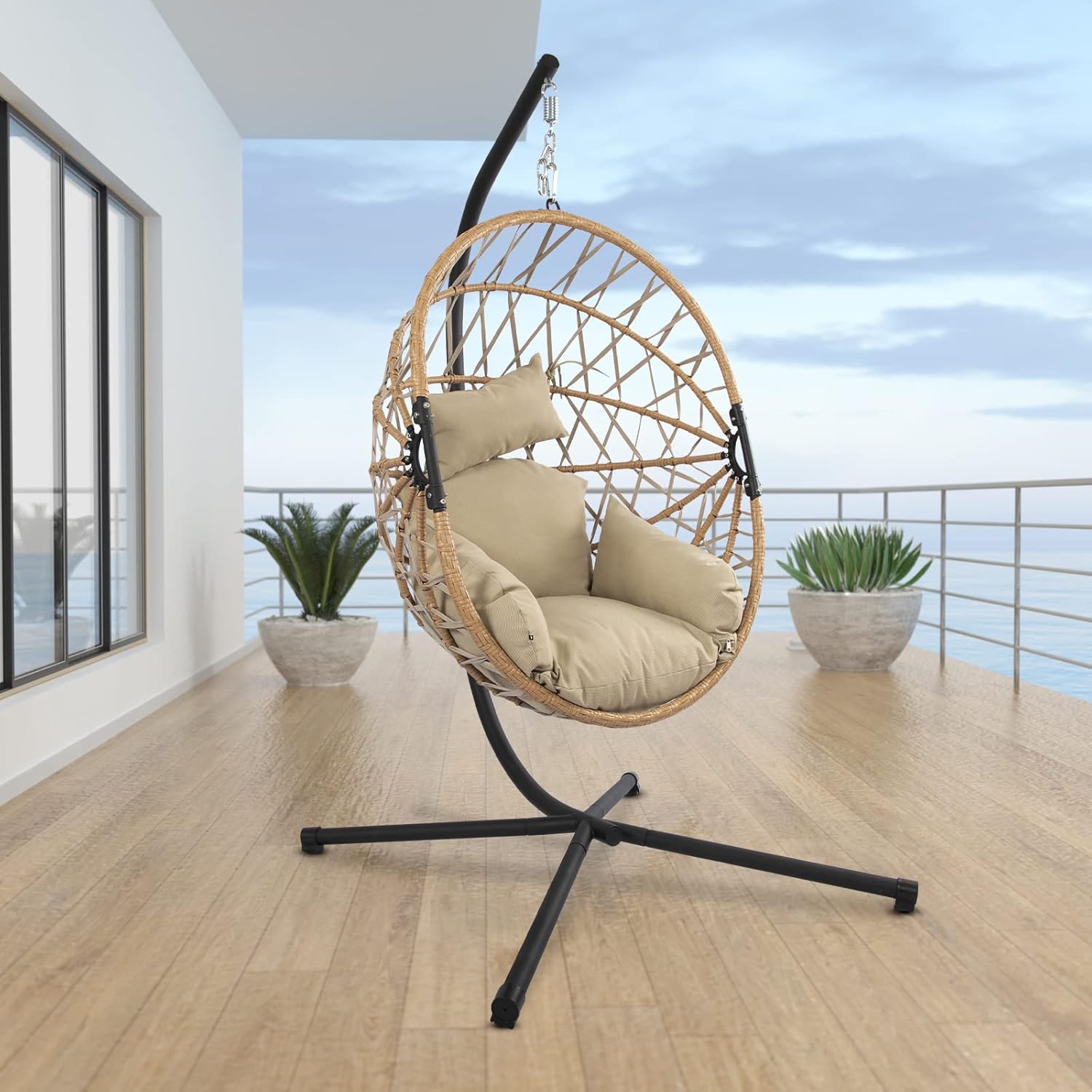 RESOM Hanging Egg Chair with Stand, Wicker Egg Swing Hammock Chair with Cushion