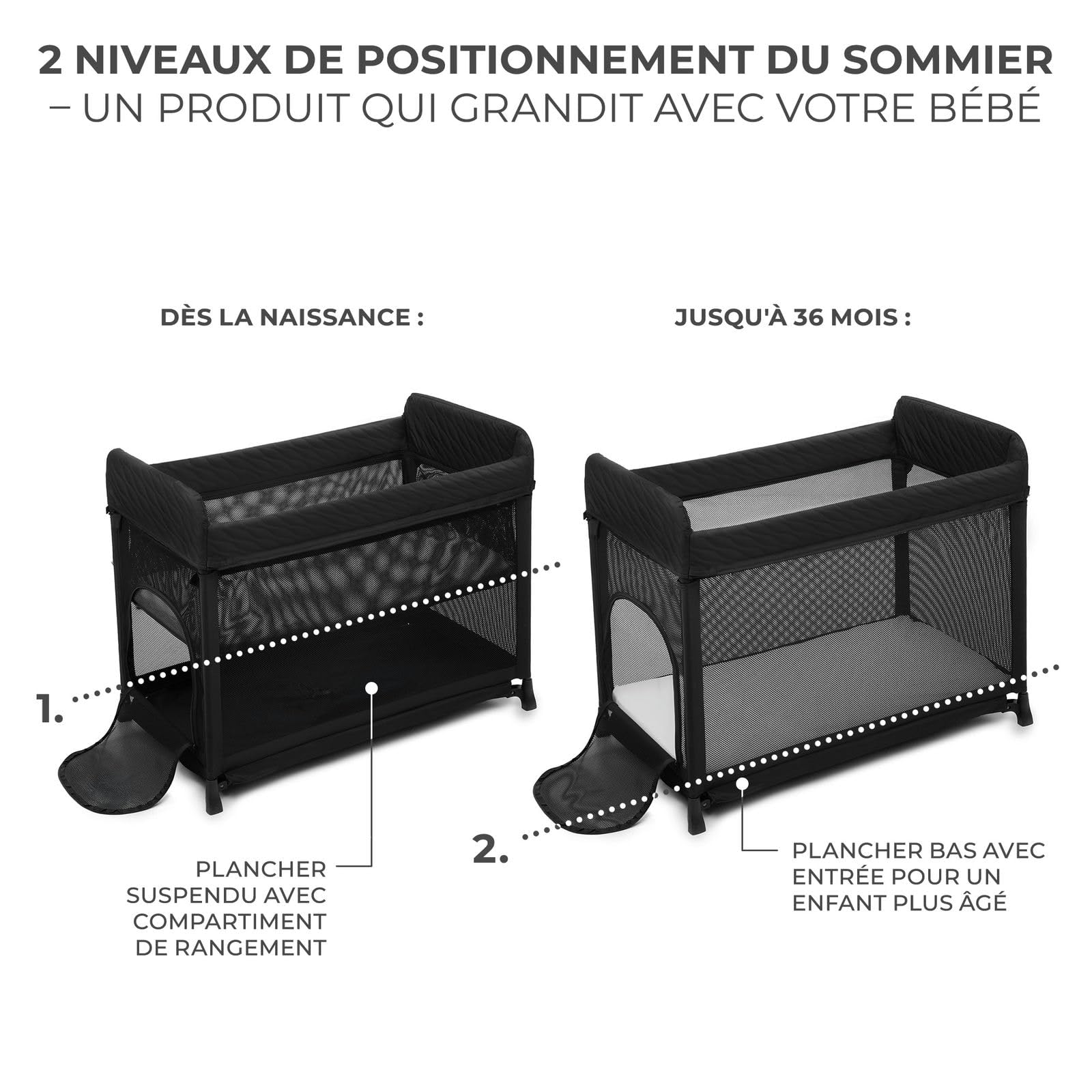 KINDERKRAFT Moon Dream, Lit de Voyage de la Naissance jusqu'à 3 Ans, lit superposé pour bébé, se Plie Rapidement d'une Seule Main, Matelas et Sac de Transport Inclus, Nettoyage Facile, Noir
