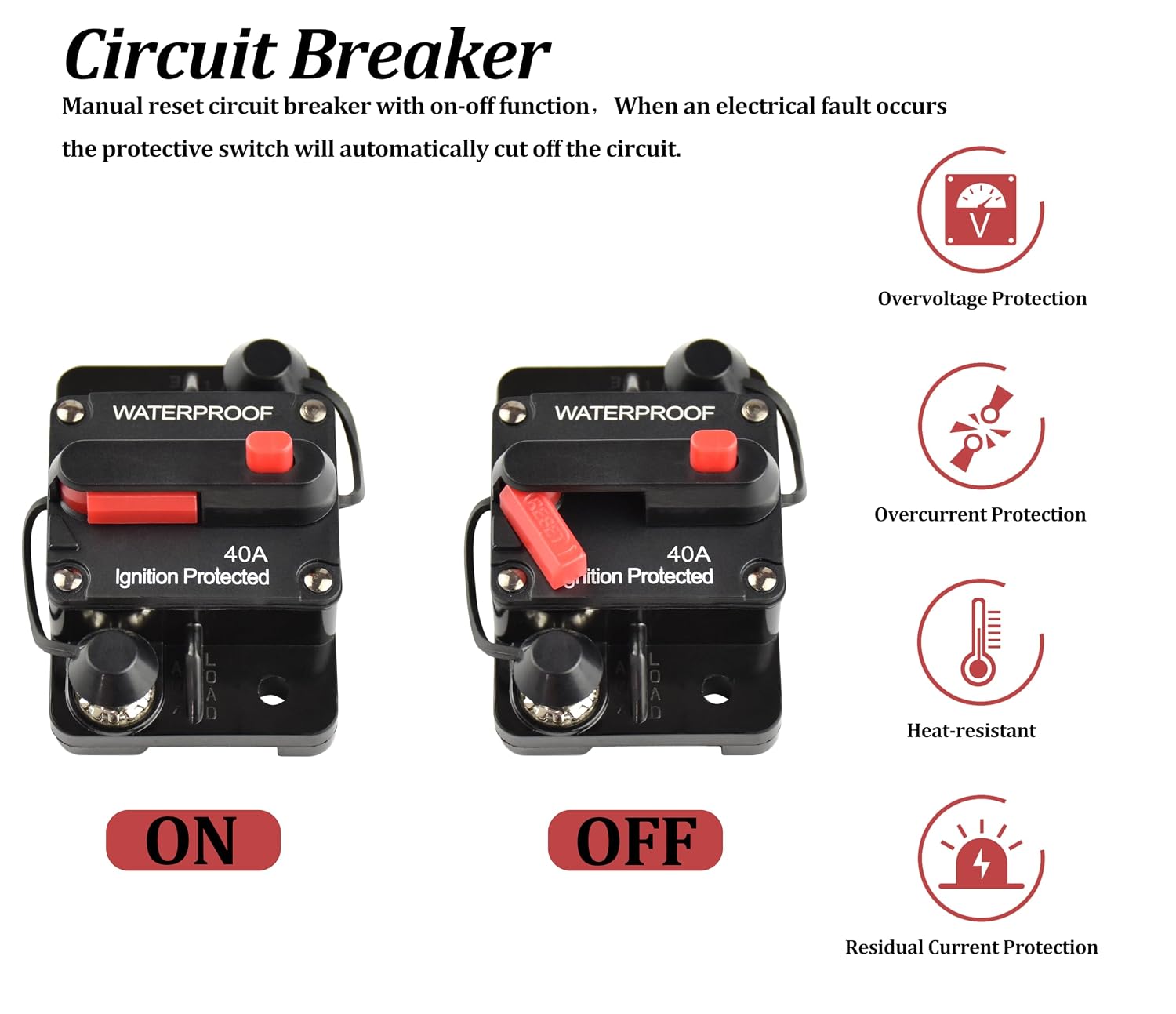 car Circuit Breaker 40A of DC12V-48V Waterproof and Manual Reset Ideal for Audio Inline, Inverter, Solar System Circuit Protection in Motor Home, Marine, RV,Trailer.