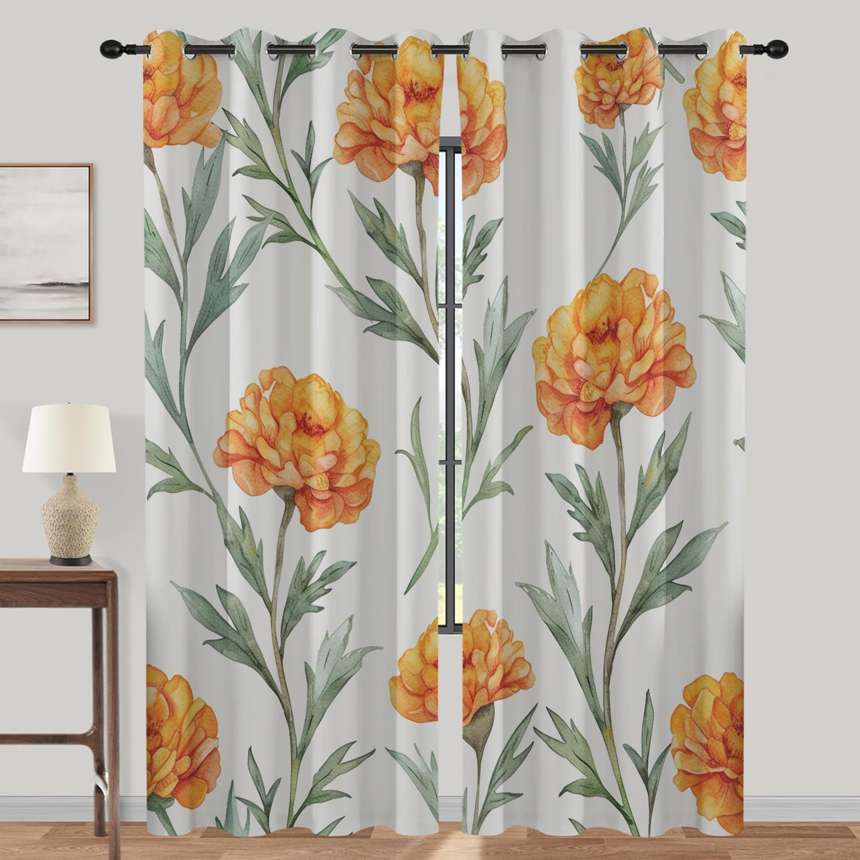 SMXVRC Marigold Thermal Insulated Drapes Floral Plant Print Drapes with Black Liner Blackout Noise Reducing Home Decorative Light Blocking Eyelet Curtains for Bedroom, W46.2 x L54.3 x 2 Panels