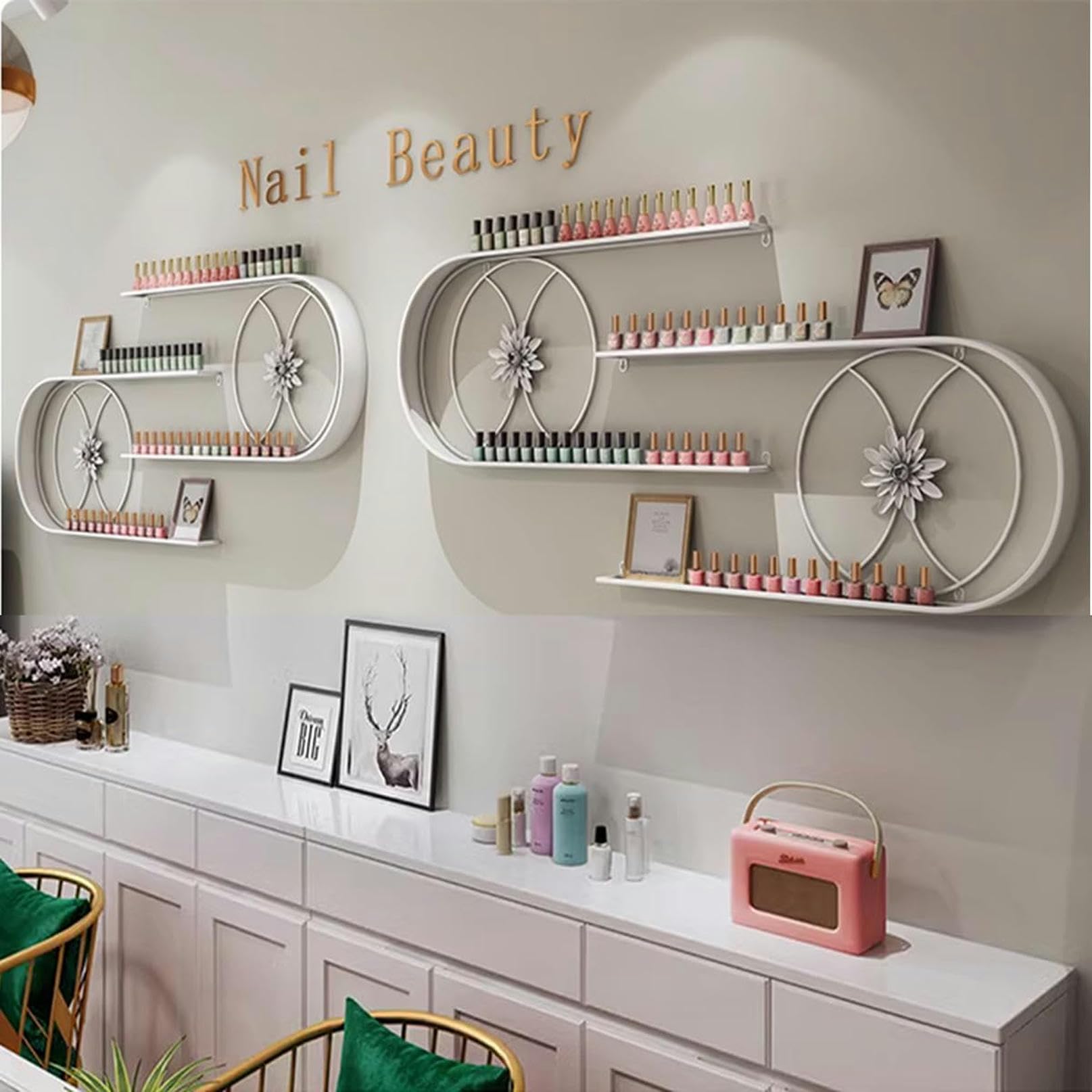Porta smalti da Parete in Metallo, Elegante espositore per Cosmetici a Forma di U, Organizer per flaconi di Oli Essenziali da Salone (Bianco)