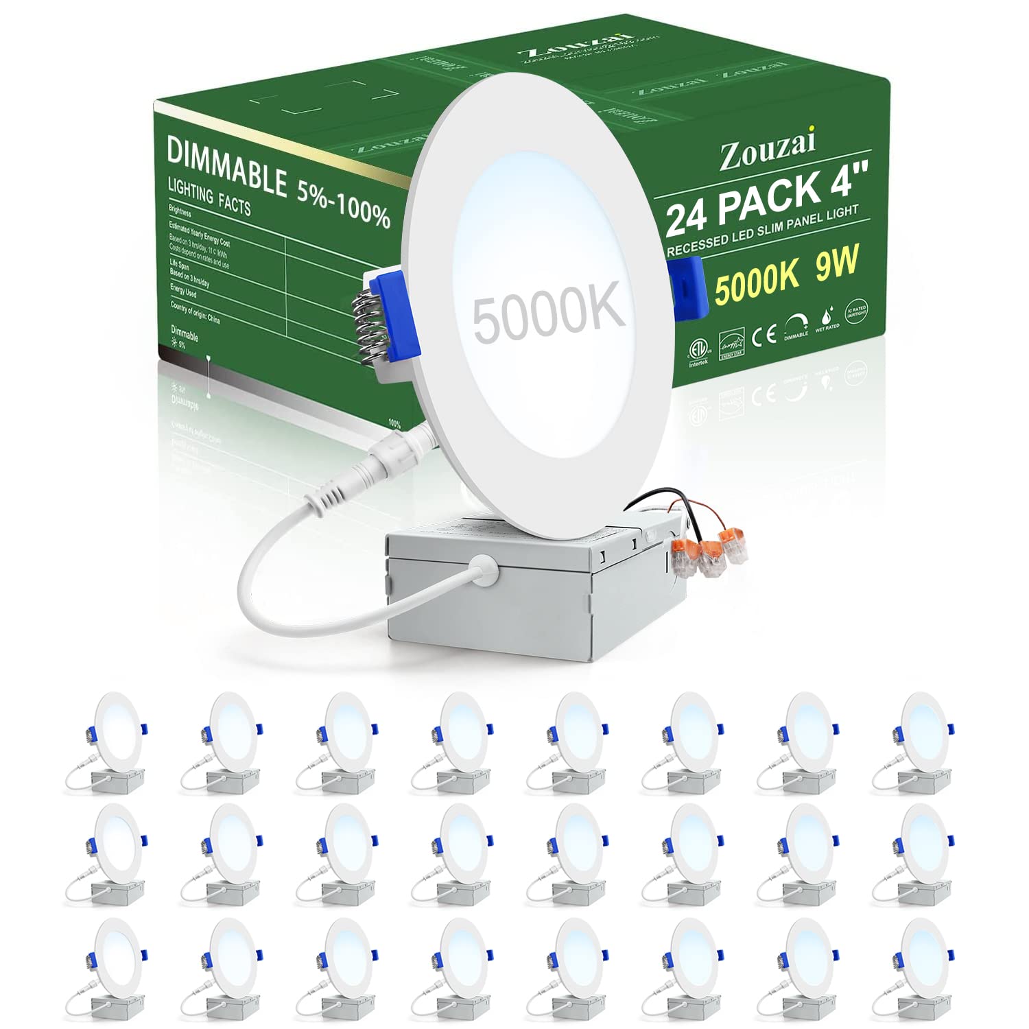 zouzai 24 Pack 4 Inch Ultra-Thin LED Recessed Ceiling Light with Junction Box, 5000K Daylight, 9W 80W Eqv, Dimmable Can-Killer Downlight, 810LM High Brightness - ETL and Energy Star Certified
