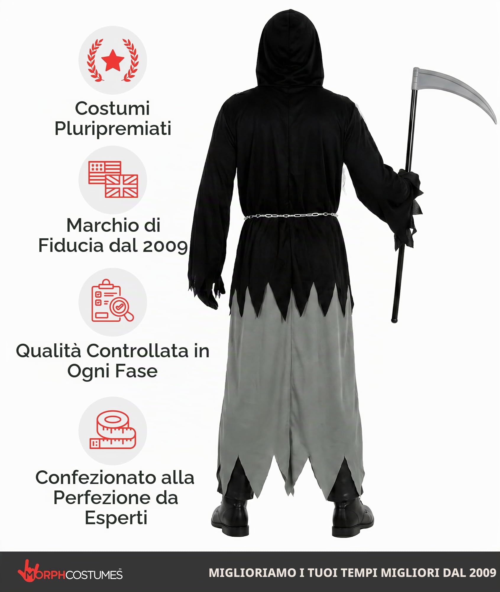 Morph Costume Morte Bambino, Costume Mietitore Halloween Bambino | Veste con Cappuccio, Catena, Falce & Occhiali LED, Perfetto per Halloween, Ideale per il Gioco di Ruolo