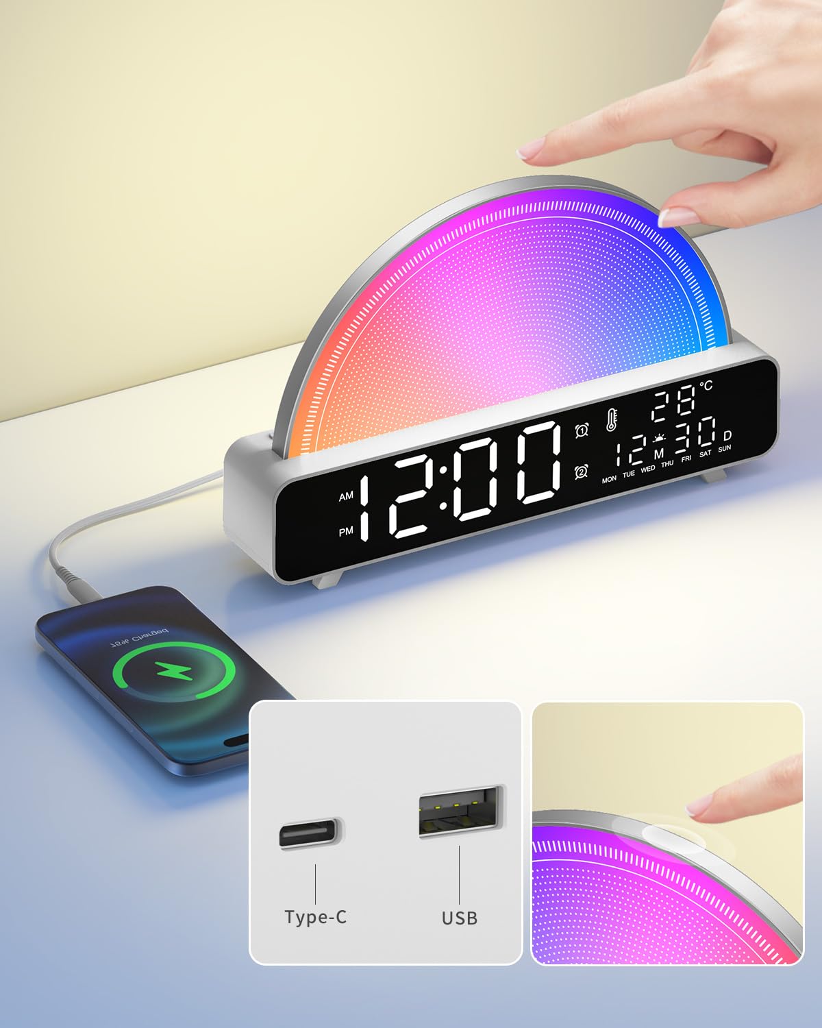 HAODINGMAI Sonnenaufgangswecker, Aufwachlicht mit Sonnenaufgangssimulation, weißes Rauschen, Touch-Steuerung, Nachttischlampen, Farben, Stimmungslampe, 30/60/90, Schlaf-Timer, 13 Naturgeräusche