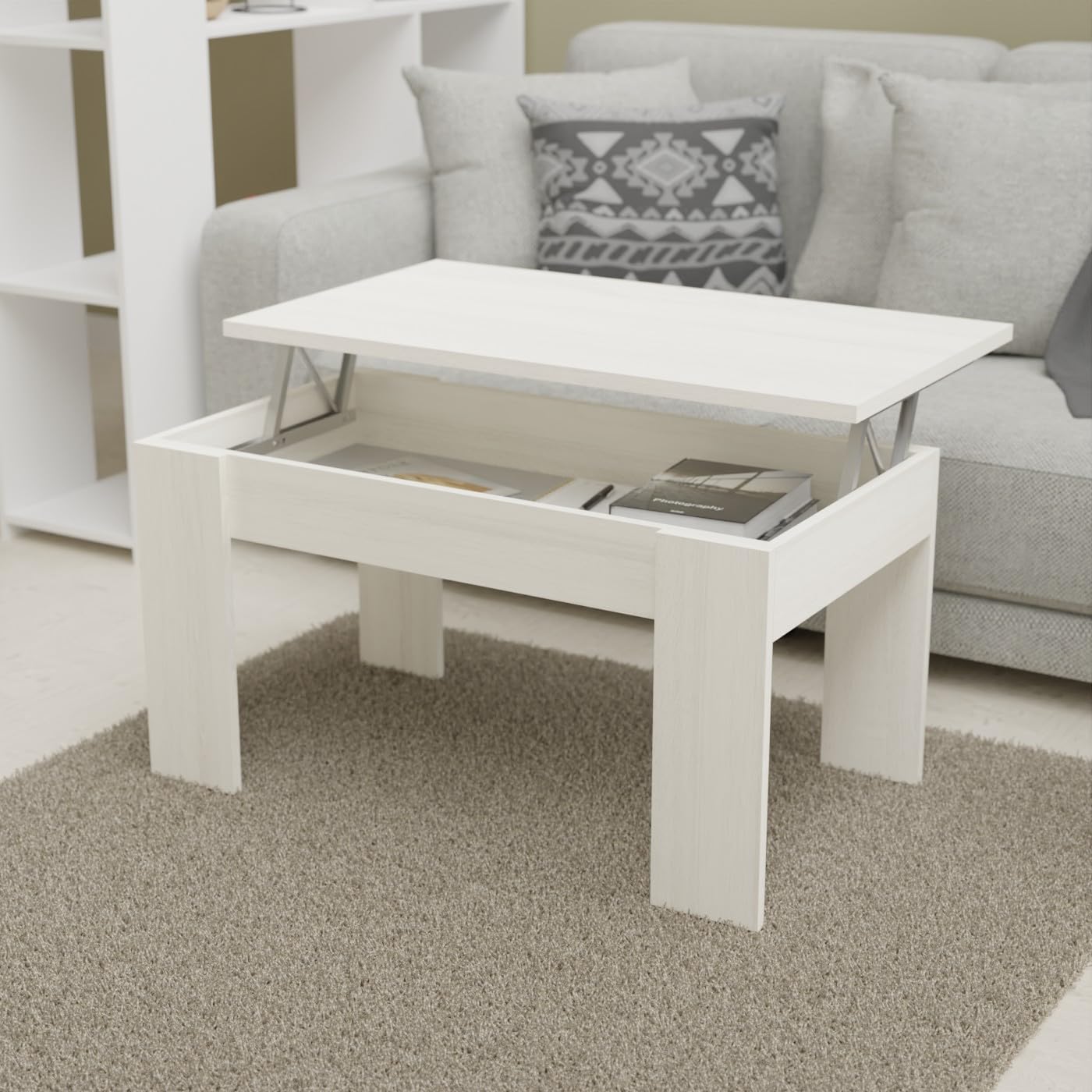 amuéblate online - Mesa de Centro Elevable, Mesita de Salón o Comedor, Acabado en Gris Polar, Medidas: 90 cm (Ancho) x 50 cm (Fondo) x 46-57 cm (Alto)