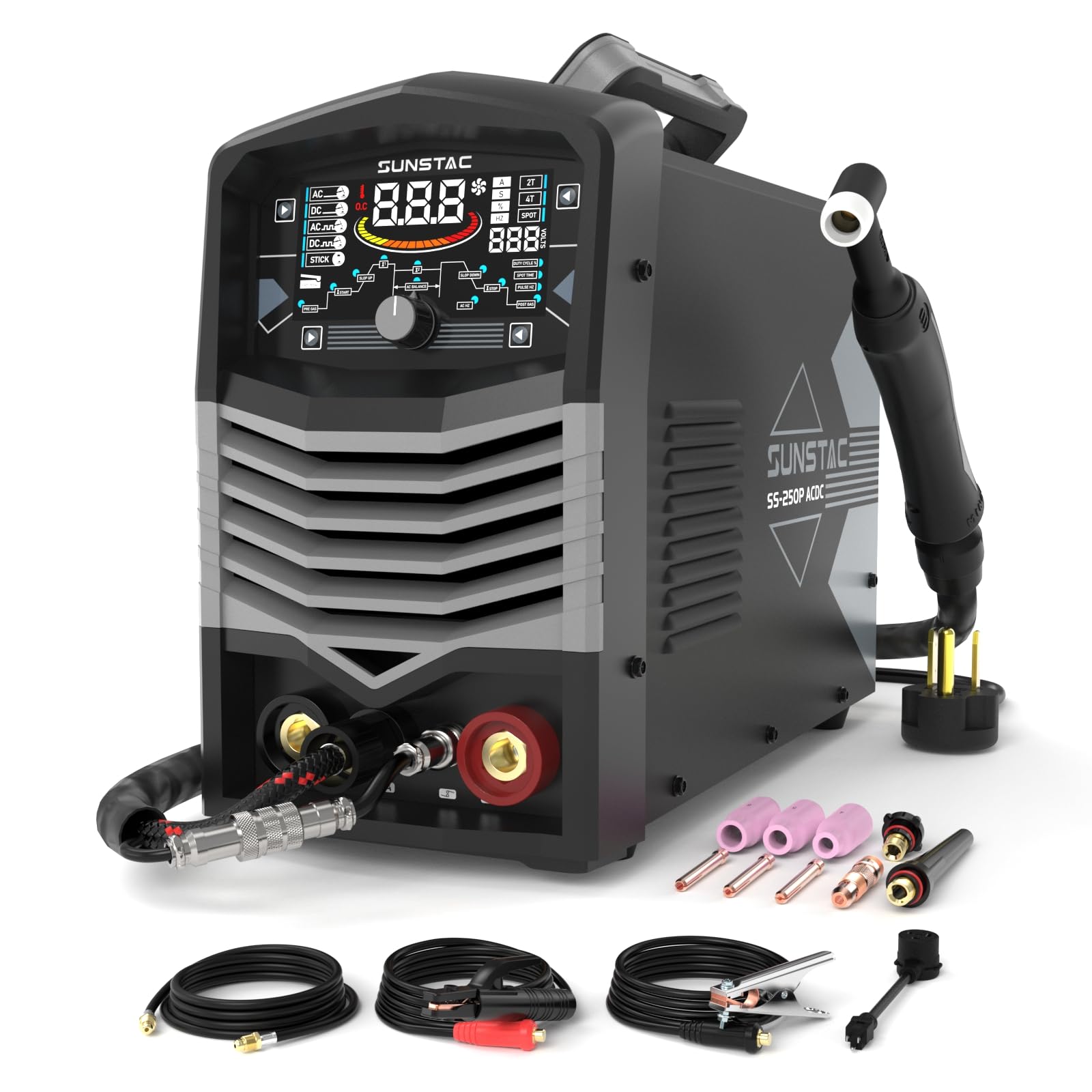 250A AC/DC Aluminum TIG Welder with Pulse, 110V/220V Dual Voltage TIG Welding Machine with DC TIG/AC TIG/Pulse TIG/SPOT TIG/Stick