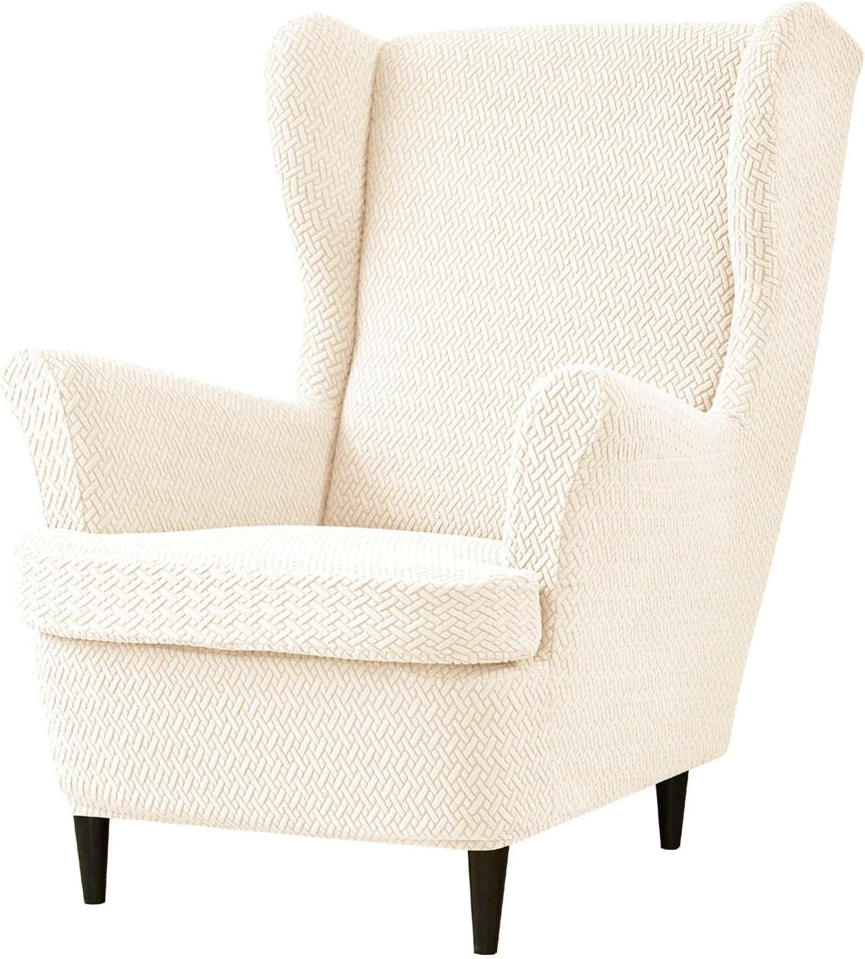Haclen Beige Stretch Wingback Chair Cover With Cushion Cover, Wing Chair Slipcover Removable Wingback Armchair Slipcover Living Room (,One Size)