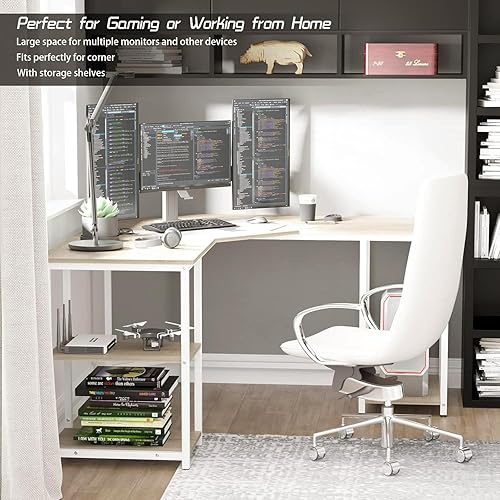 Miniatura 5 de Elephance Escritorio grande en forma de L para computadora con estantes, escritorio de esquina, estación de trabajo de escritura para oficina en