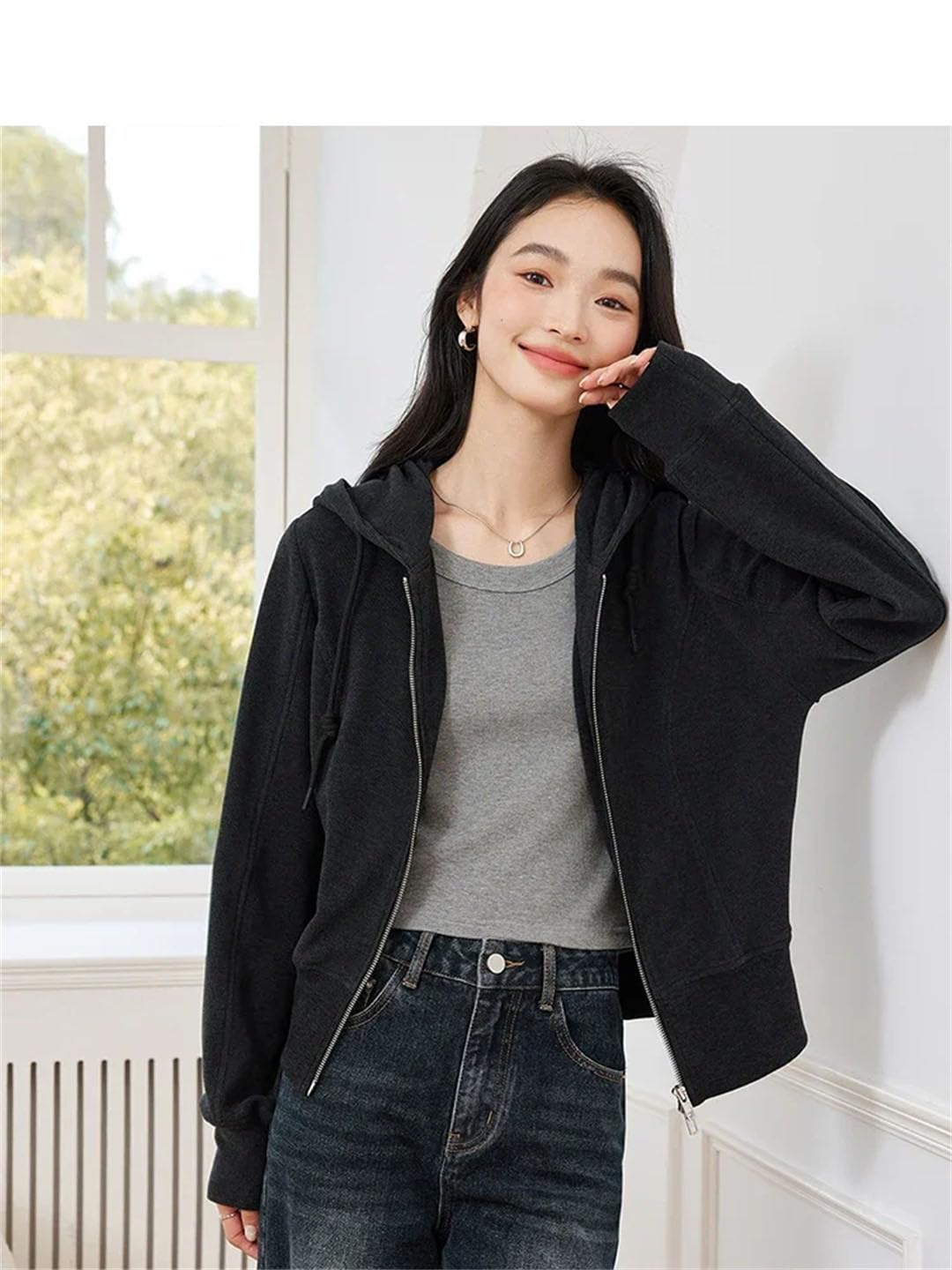 Sudadera con capucha para mujer, de manga larga, con cremallera, simple, holgada