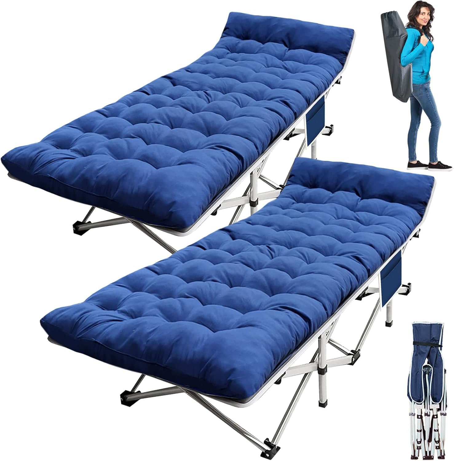 2-Pack Camping Cot with Mattress Cots for Sleeping with Camfortable Pad Heavy Duty Camping Bed for Adults Folding Cot for Home Outdoor Office Nap and Vacation