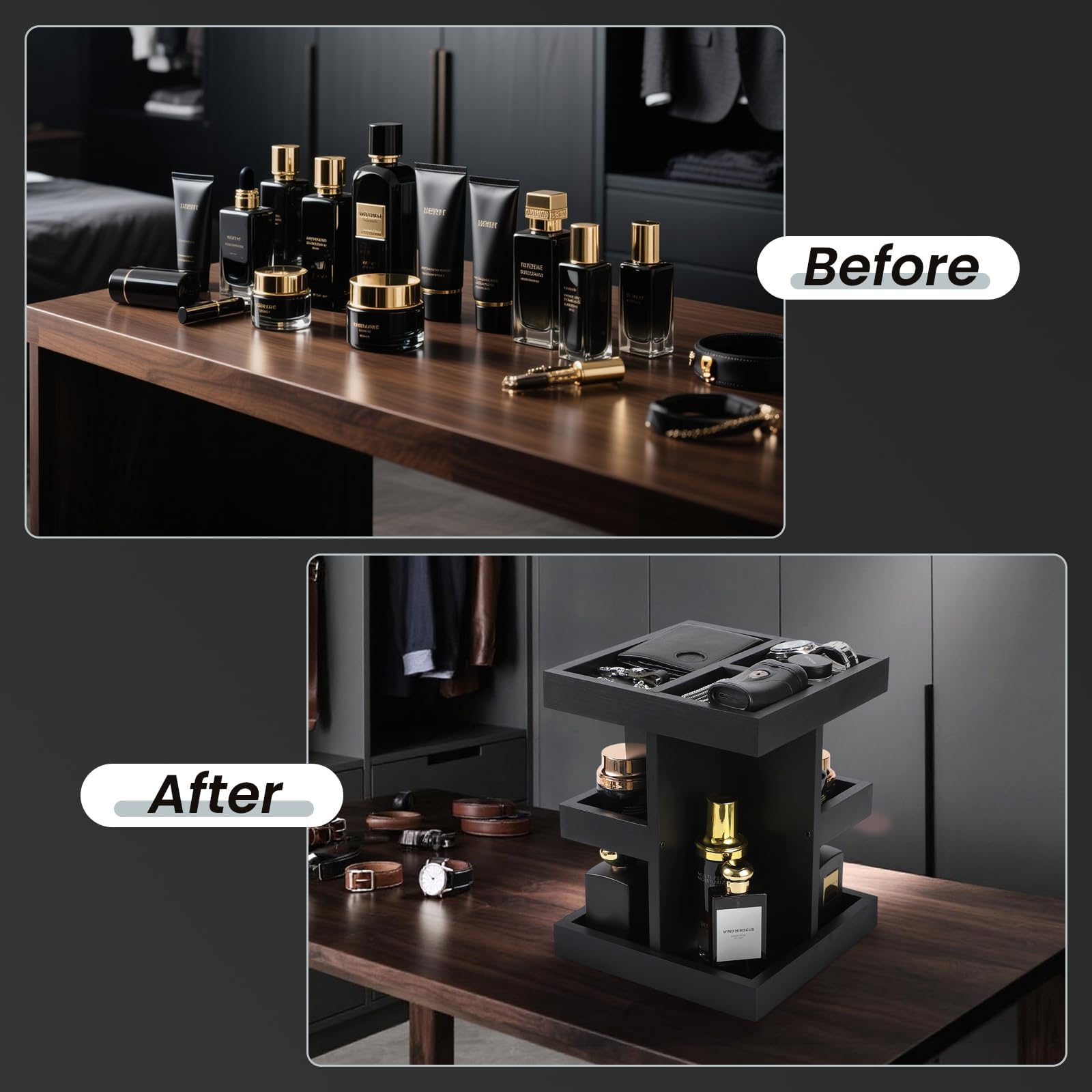 CHY Organizador de perfumes y soporte de perfume para hombre, de madera giratoria de 3 pisos, estante de perfume, expositor para tocador, accesorios, ideas de regalo de cumpleaños para marido y novio