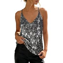 ROYLAMP Women Sequin Tank Top Sparkly Glitter V Neck Cami Strappy Shimmer Camisole Sleeveless Party Club Concert Casual Top